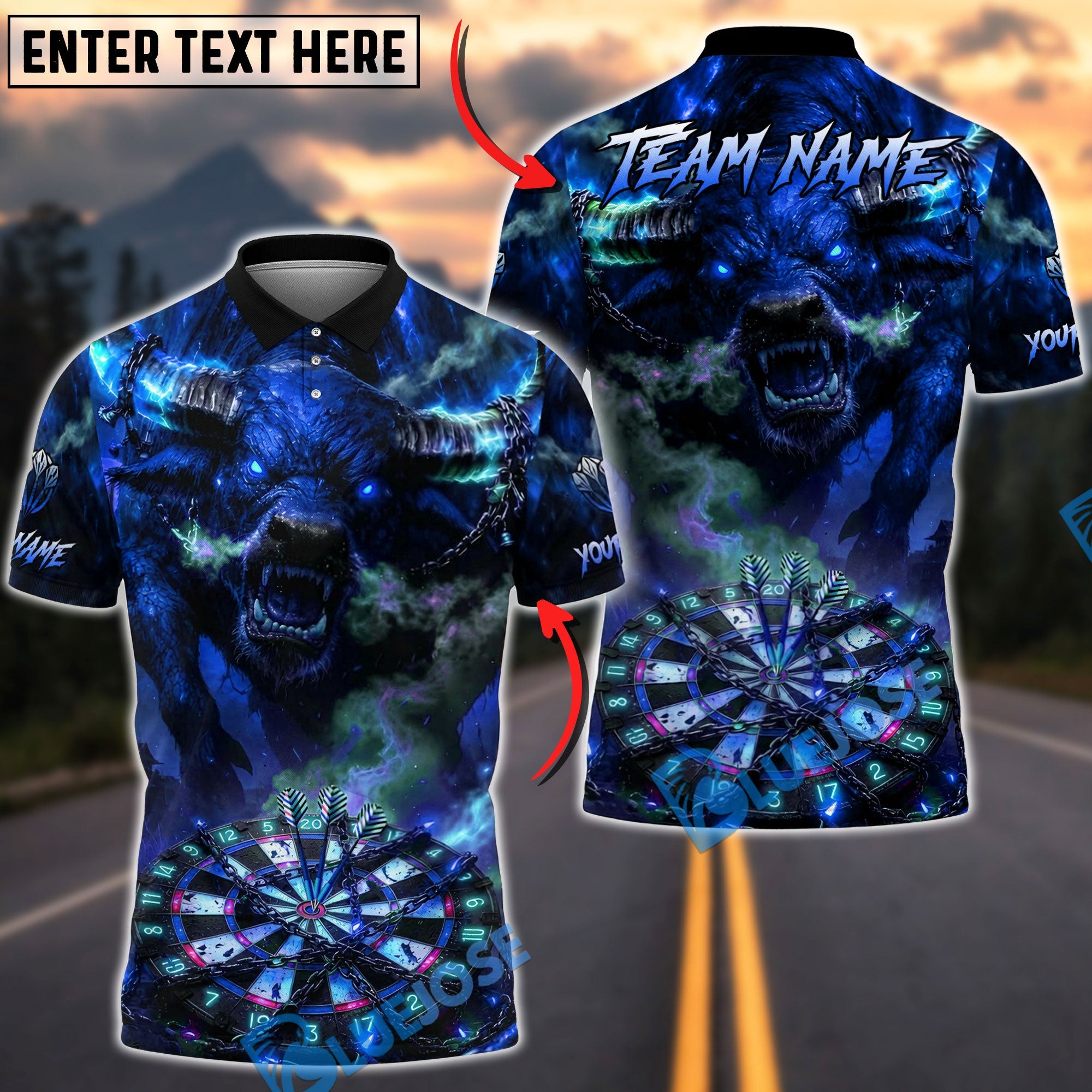 BlueJose Darts Bull Fierce Demon Beast Personalized Name, Team Name Unisex Shirt (6 Colors)