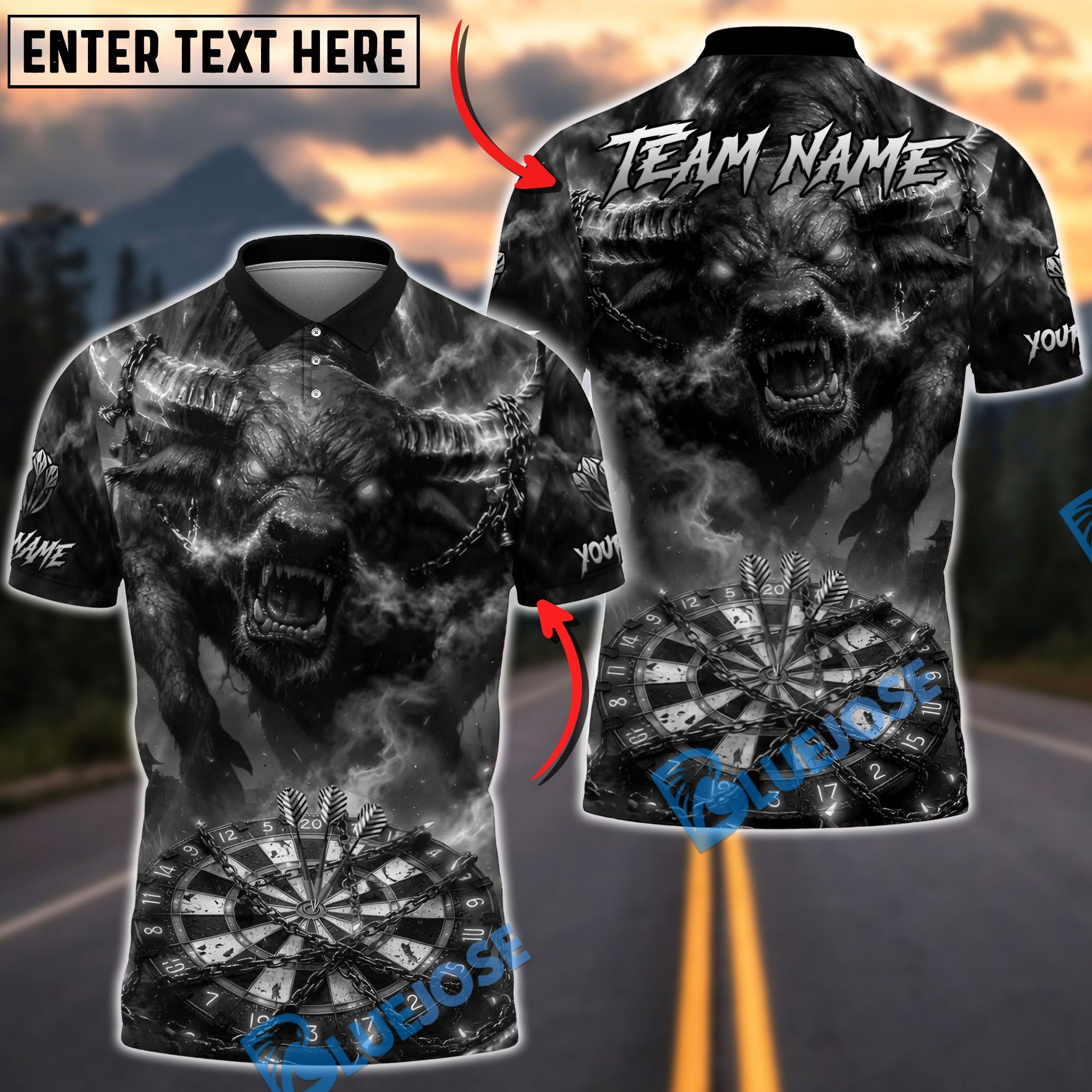 BlueJose Darts Bull Fierce Demon Beast Personalized Name, Team Name Unisex Shirt (6 Colors)