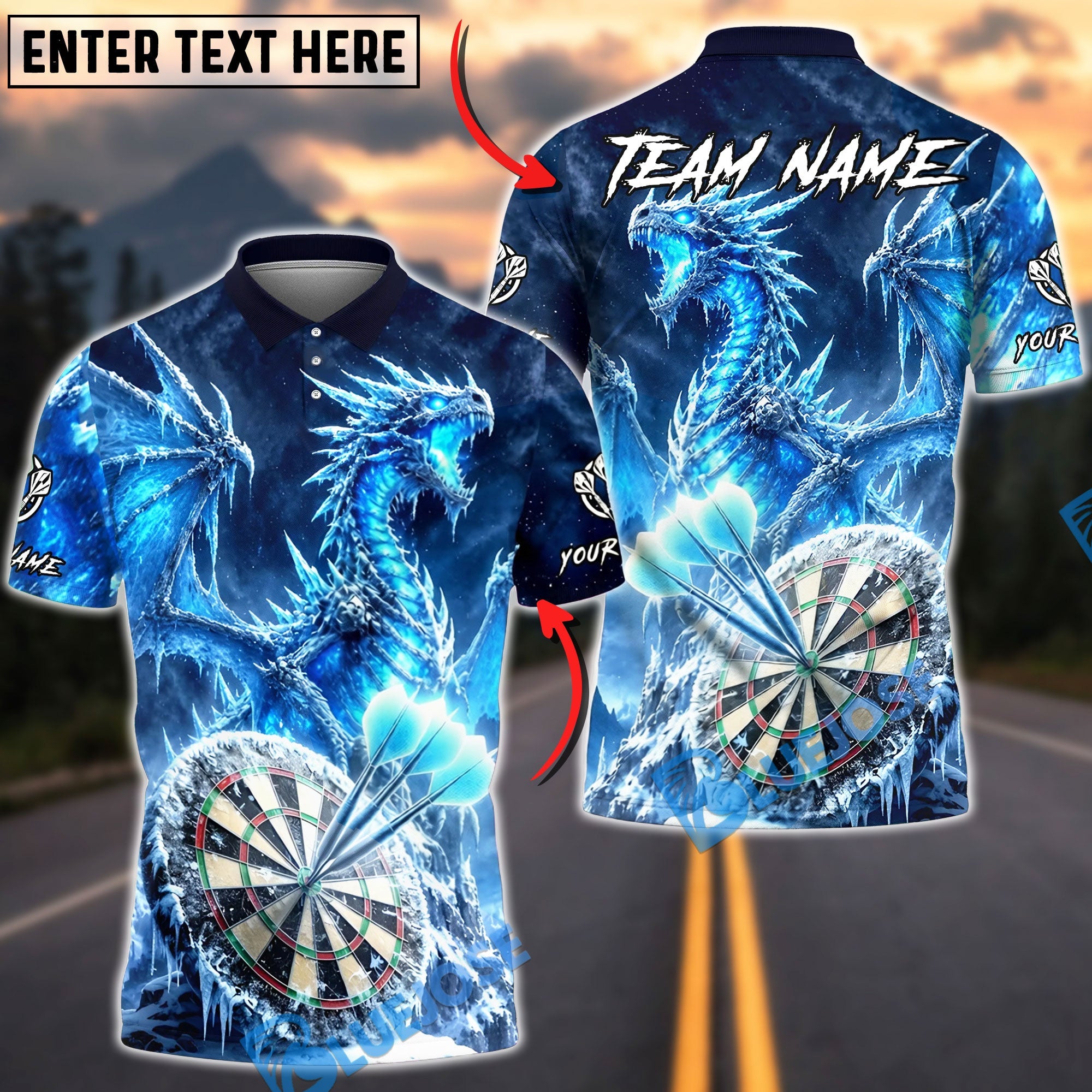 BlueJose Darts Ice Dragon Fantasy Personalized Name, Team Name Unisex Shirt (6 Colors)