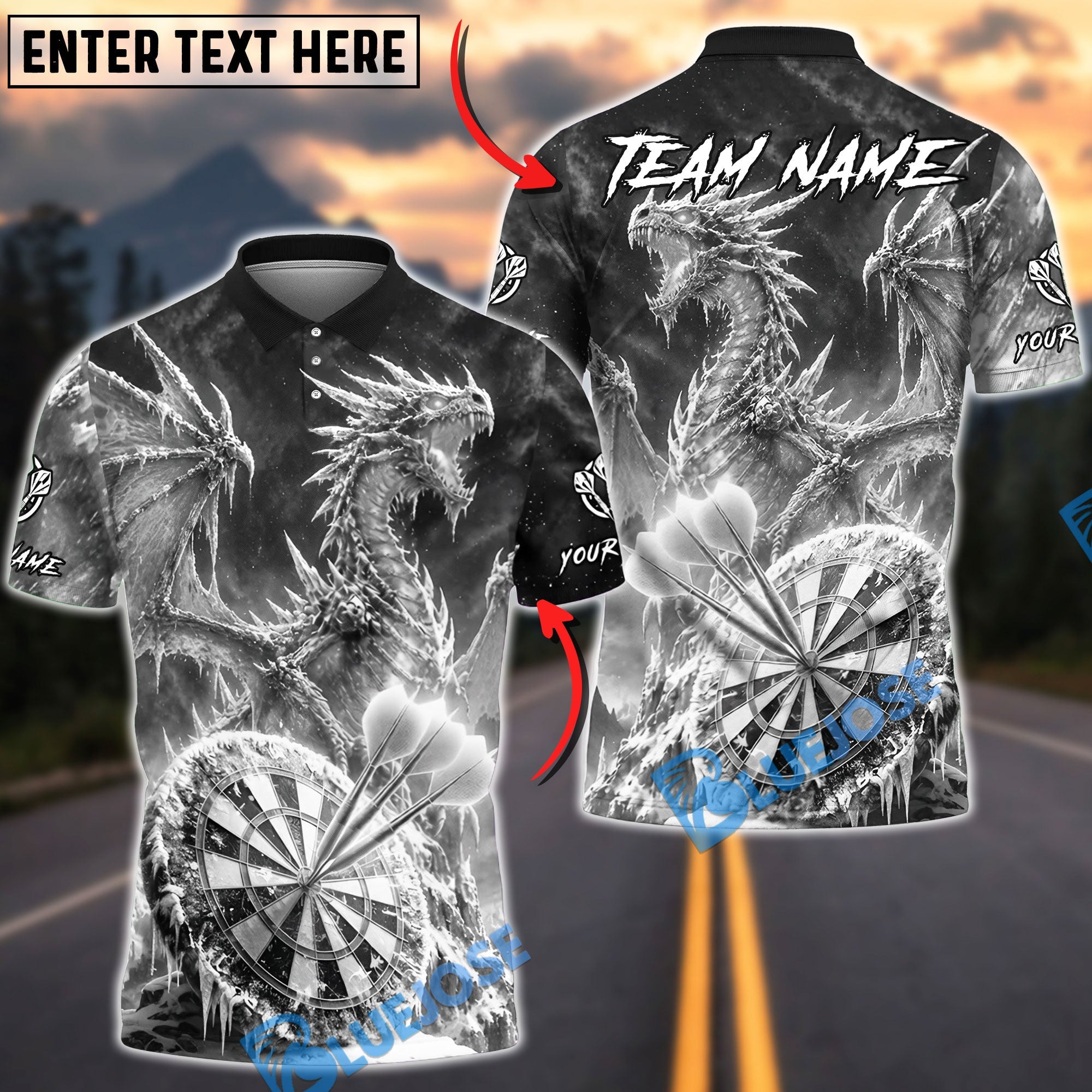 BlueJose Darts Ice Dragon Fantasy Personalized Name, Team Name Unisex Shirt (6 Colors)