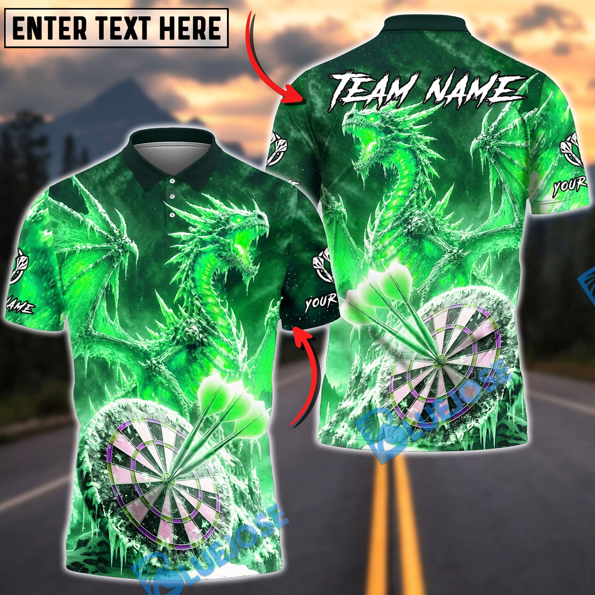 BlueJose Darts Ice Dragon Fantasy Personalized Name, Team Name Unisex Shirt (6 Colors)