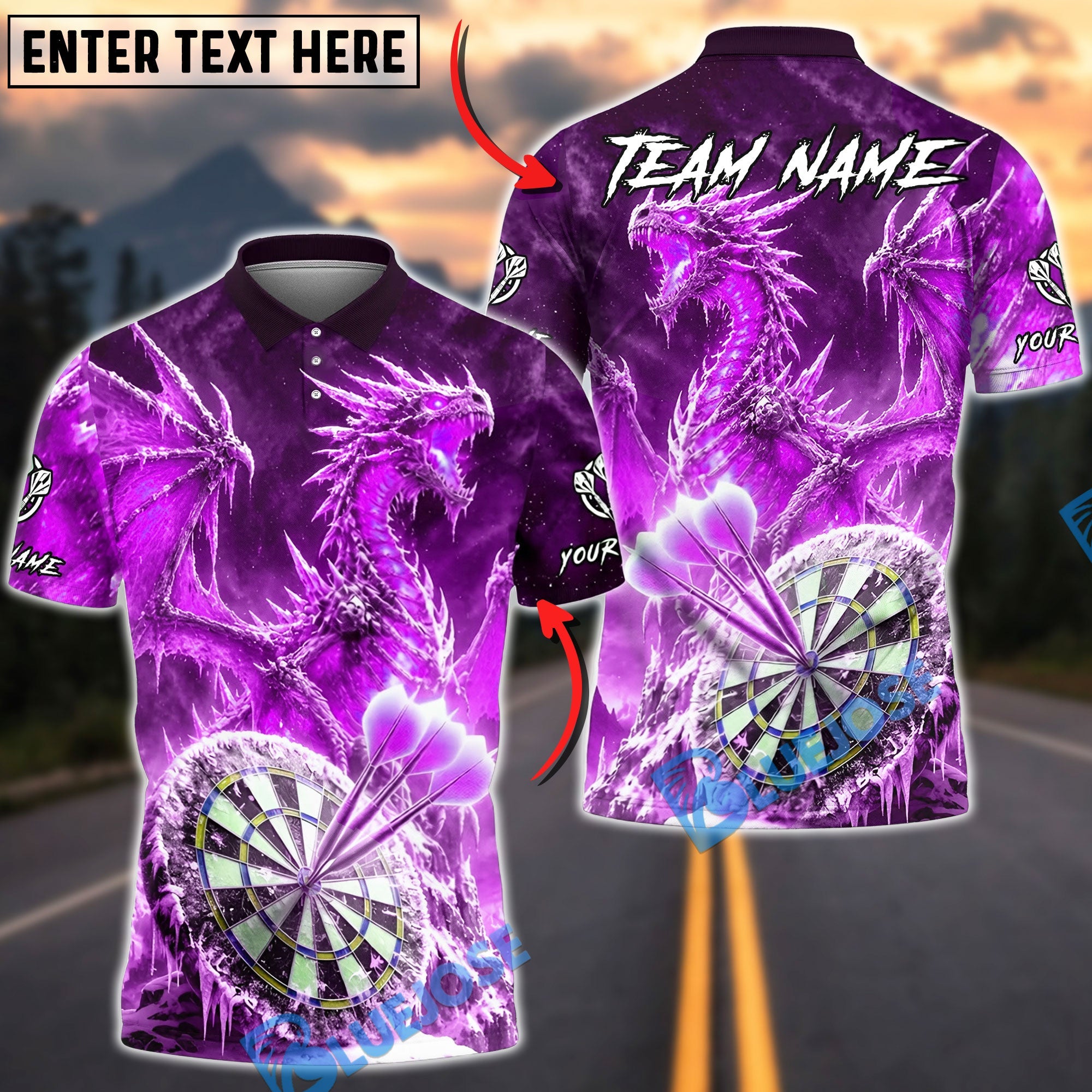 BlueJose Darts Ice Dragon Fantasy Personalized Name, Team Name Unisex Shirt (6 Colors)