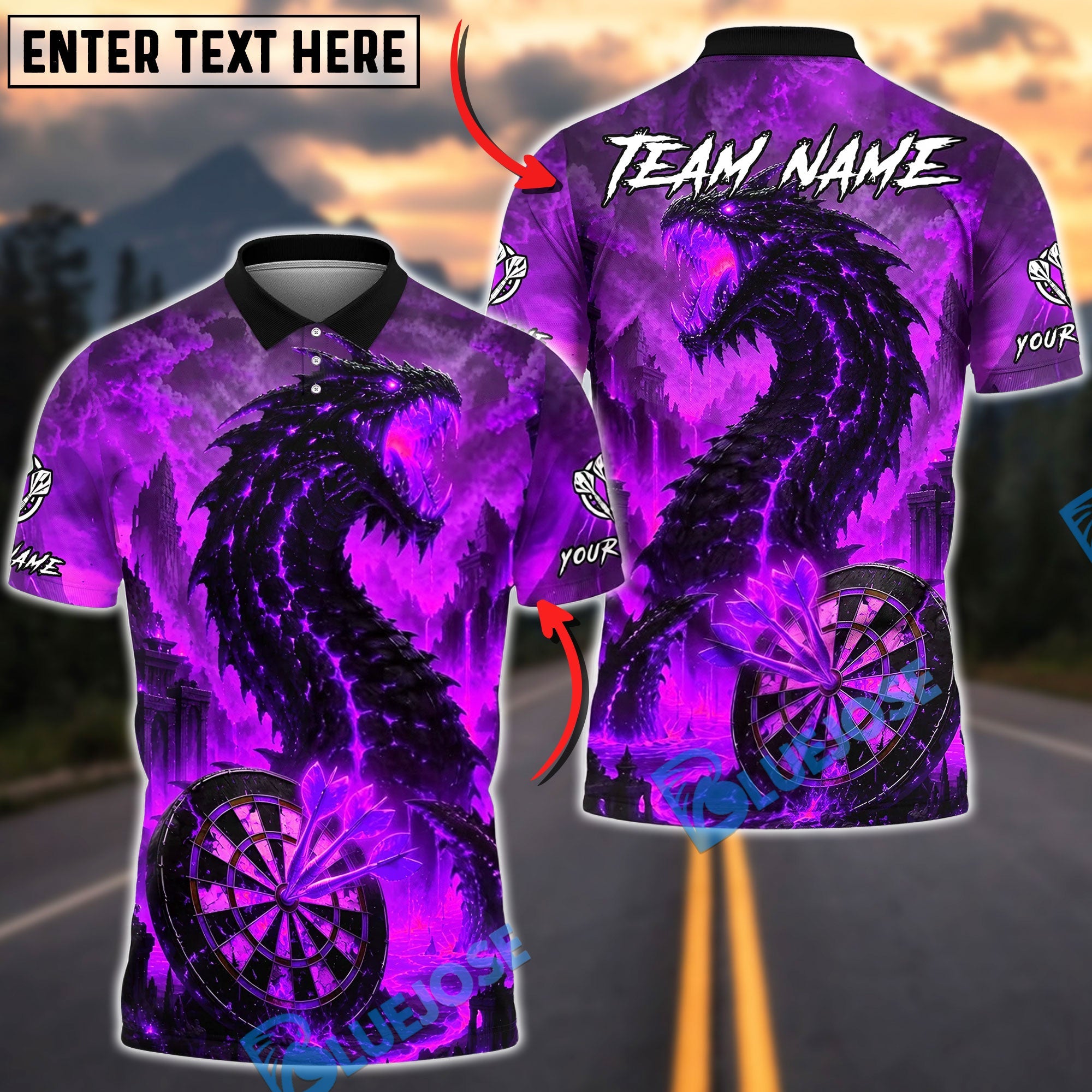 BlueJose Darts Dragon Lava Serpent Monster Personalized Name, Team Name Unisex Shirt (4 Colors)