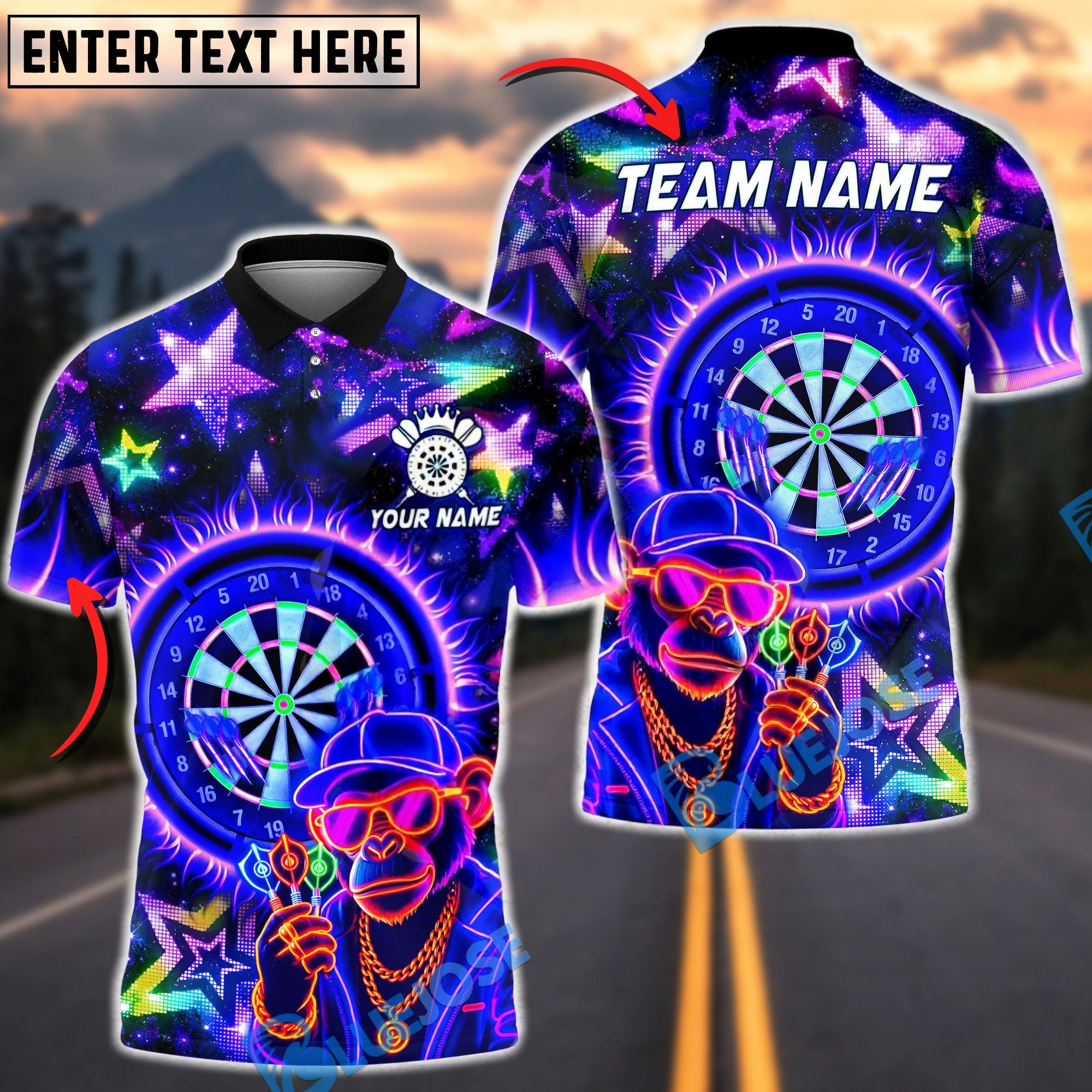 BlueJose Darts Neon Monkey Dartboard Street Style Personalized Name, Team Name Unisex Shirt (4 Colors)