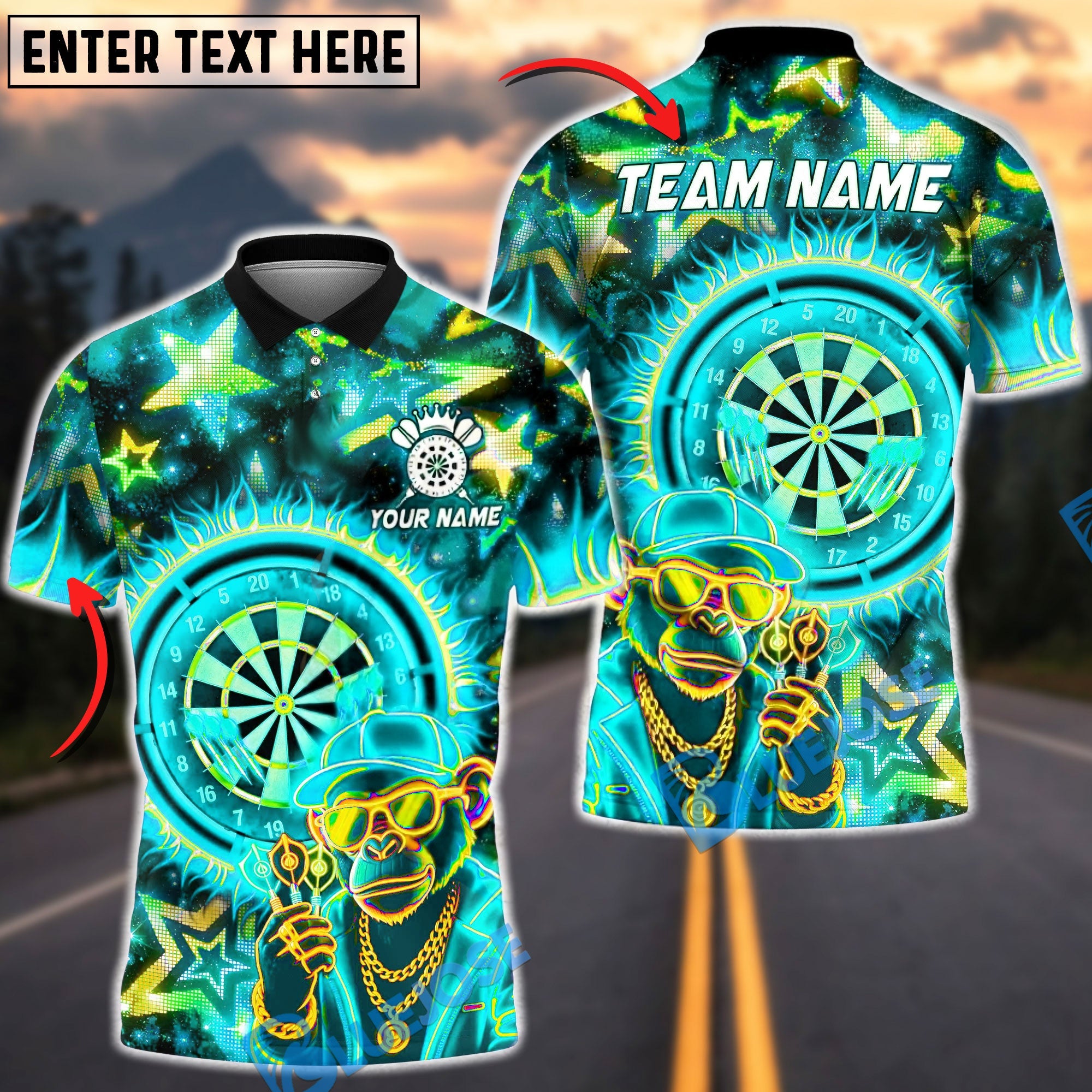 BlueJose Darts Neon Monkey Dartboard Street Style Personalized Name, Team Name Unisex Shirt (4 Colors)