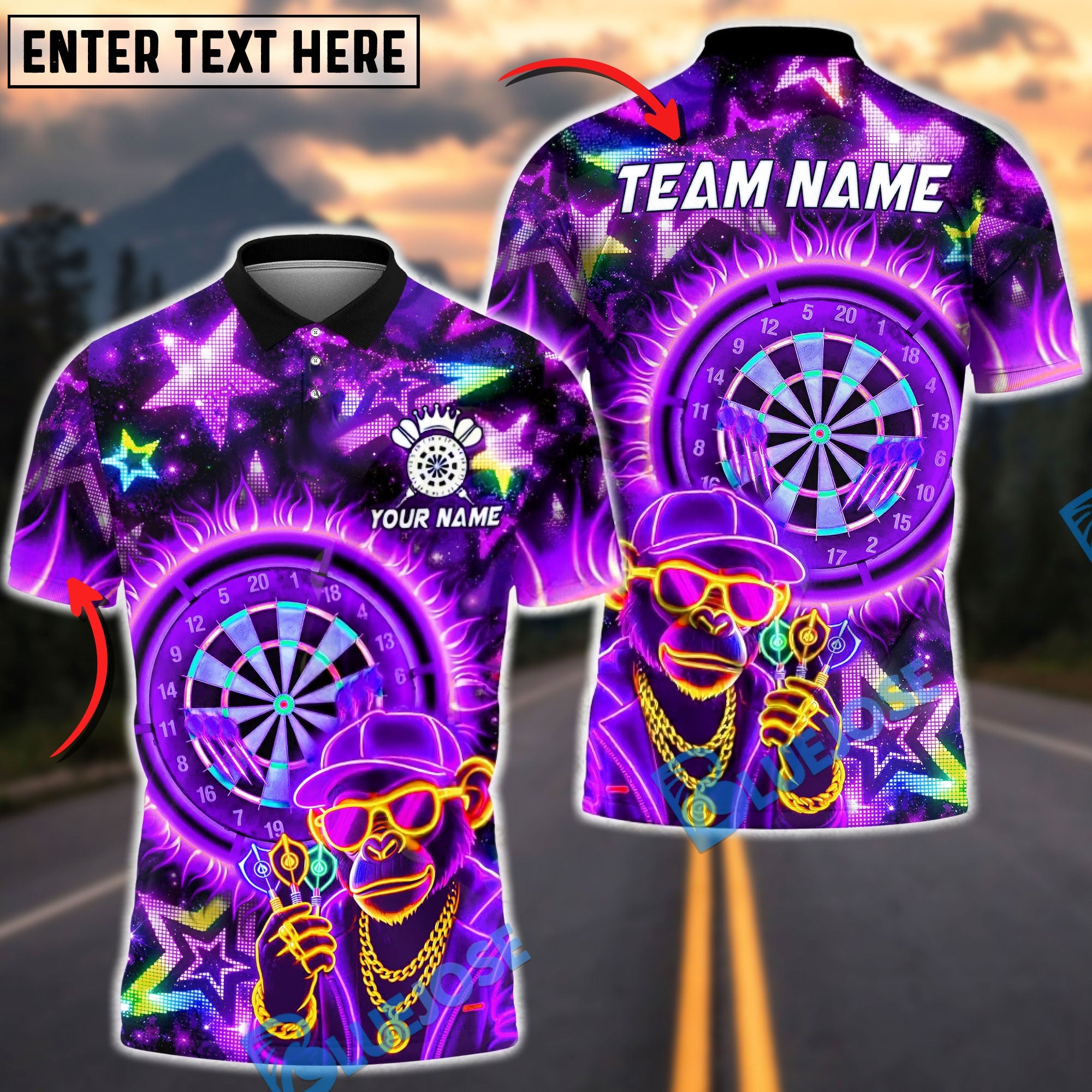BlueJose Darts Neon Monkey Dartboard Street Style Personalized Name, Team Name Unisex Shirt (4 Colors)
