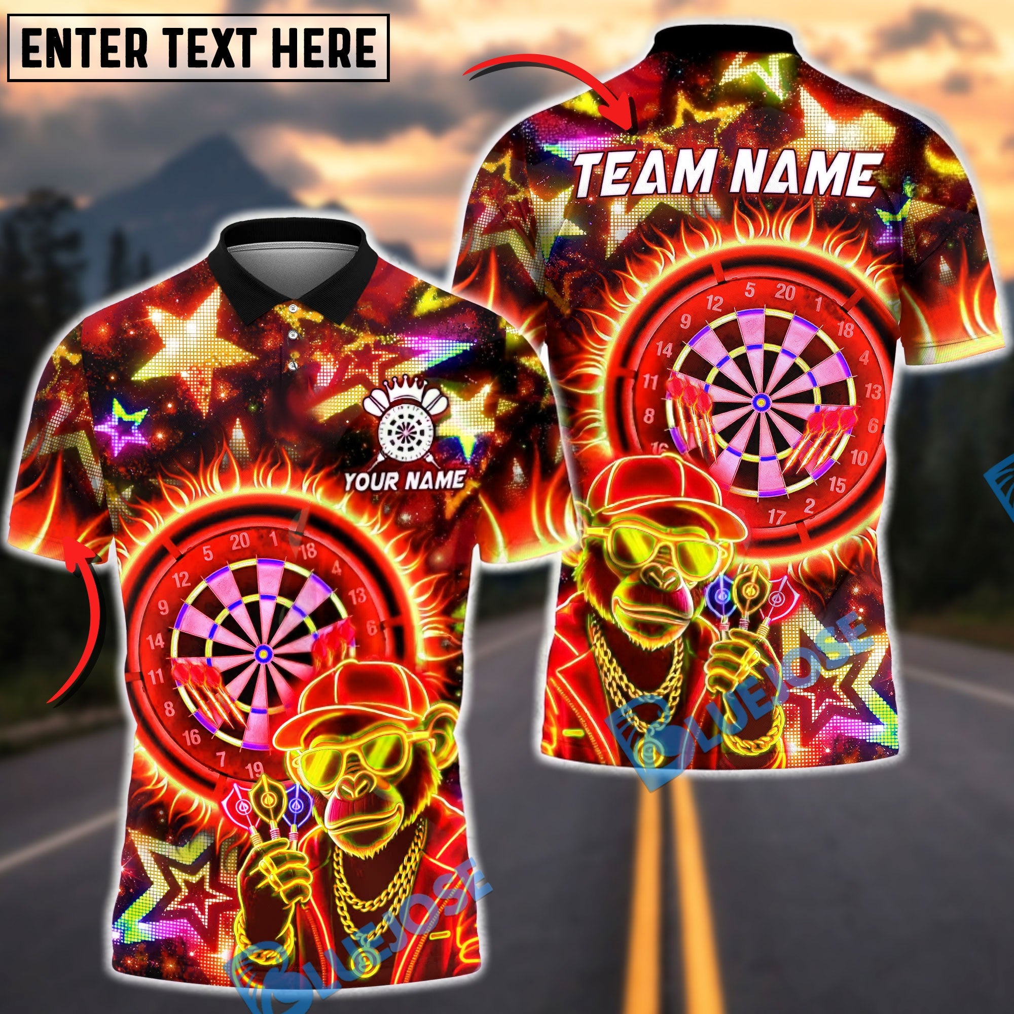 BlueJose Darts Neon Monkey Dartboard Street Style Personalized Name, Team Name Unisex Shirt (4 Colors)