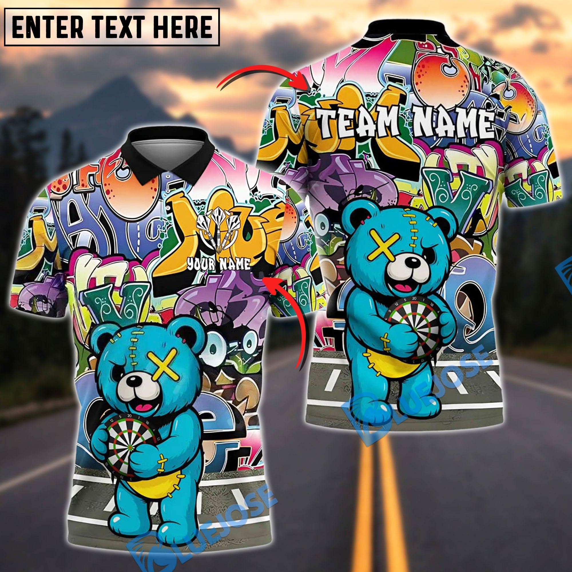 BlueJose Darts Teddy Bear Graffiti Personalized Name, Team Name Shirt (4 Colors)