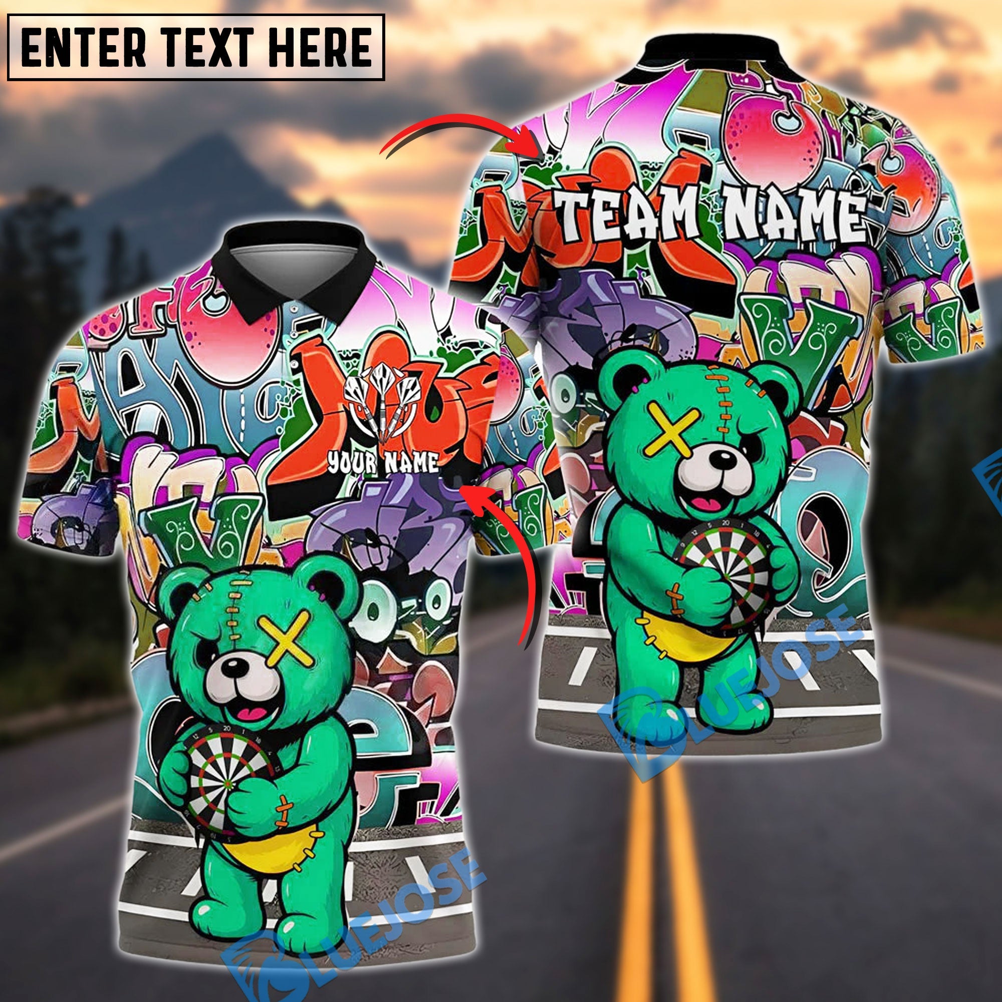 BlueJose Darts Teddy Bear Graffiti Personalized Name, Team Name Shirt (4 Colors)
