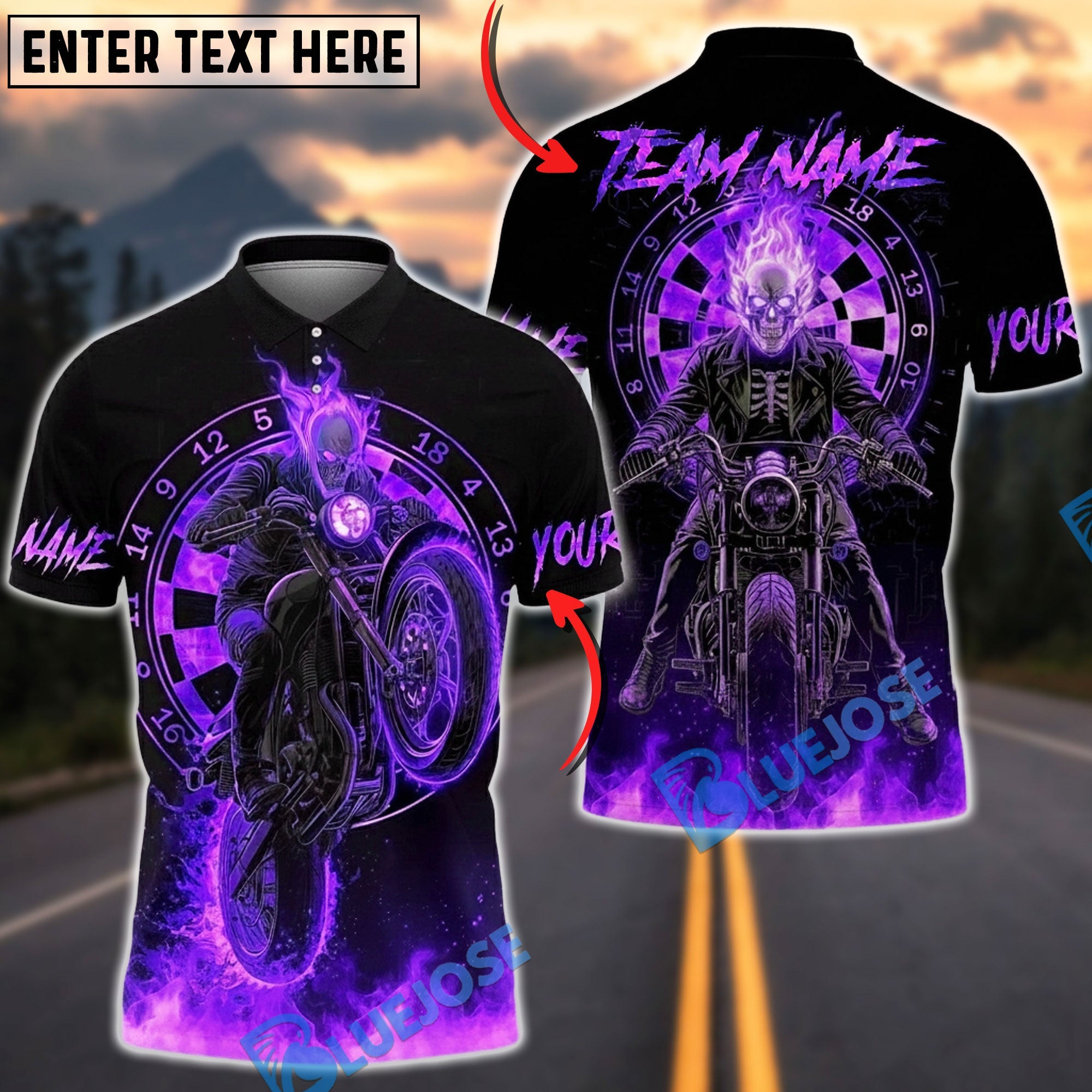 BlueJose Darts Ghost Rider Flaming Biker Wheelie Dartboard Multicolor Options Personalized Name Shirt (4 Colors)