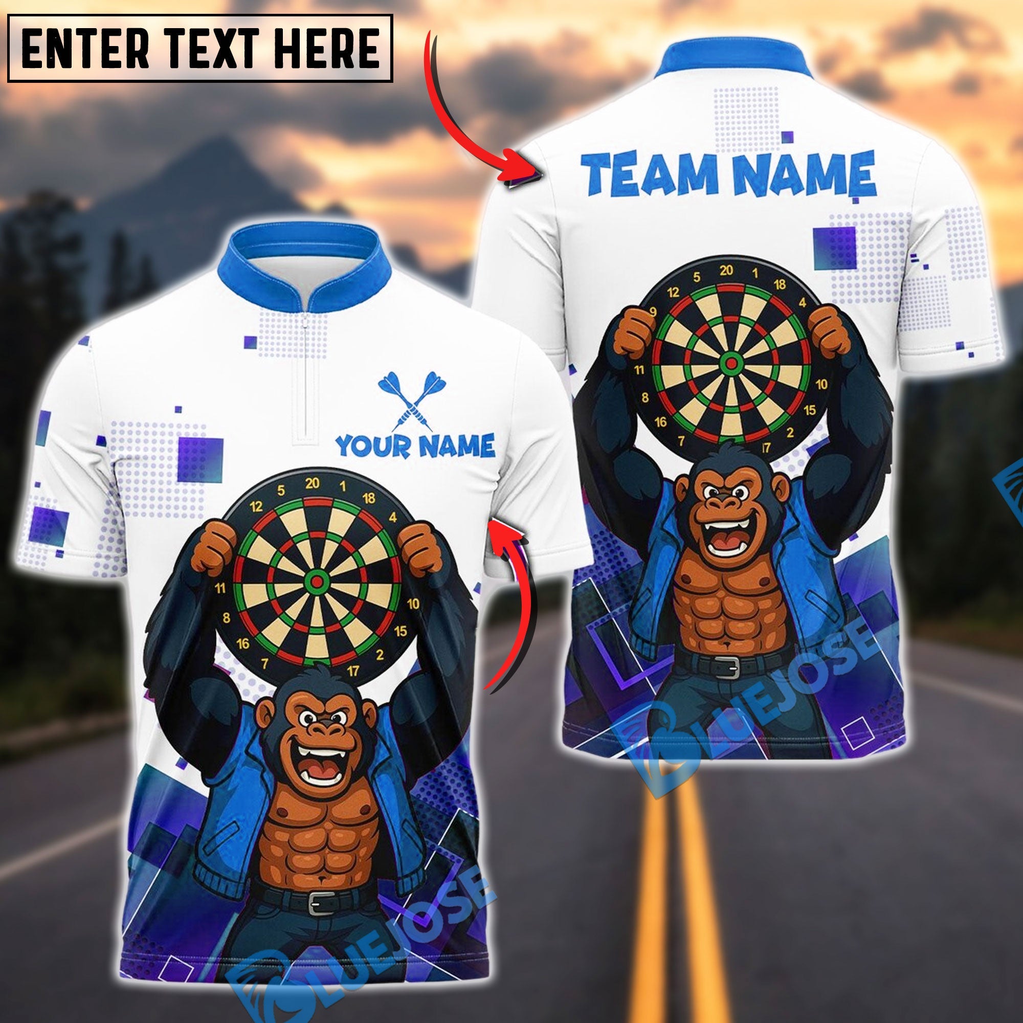 BlueJose Darts Gorilla King Rebel Attitude Customized Name, Team Name 3D Shirt (4 Colors)