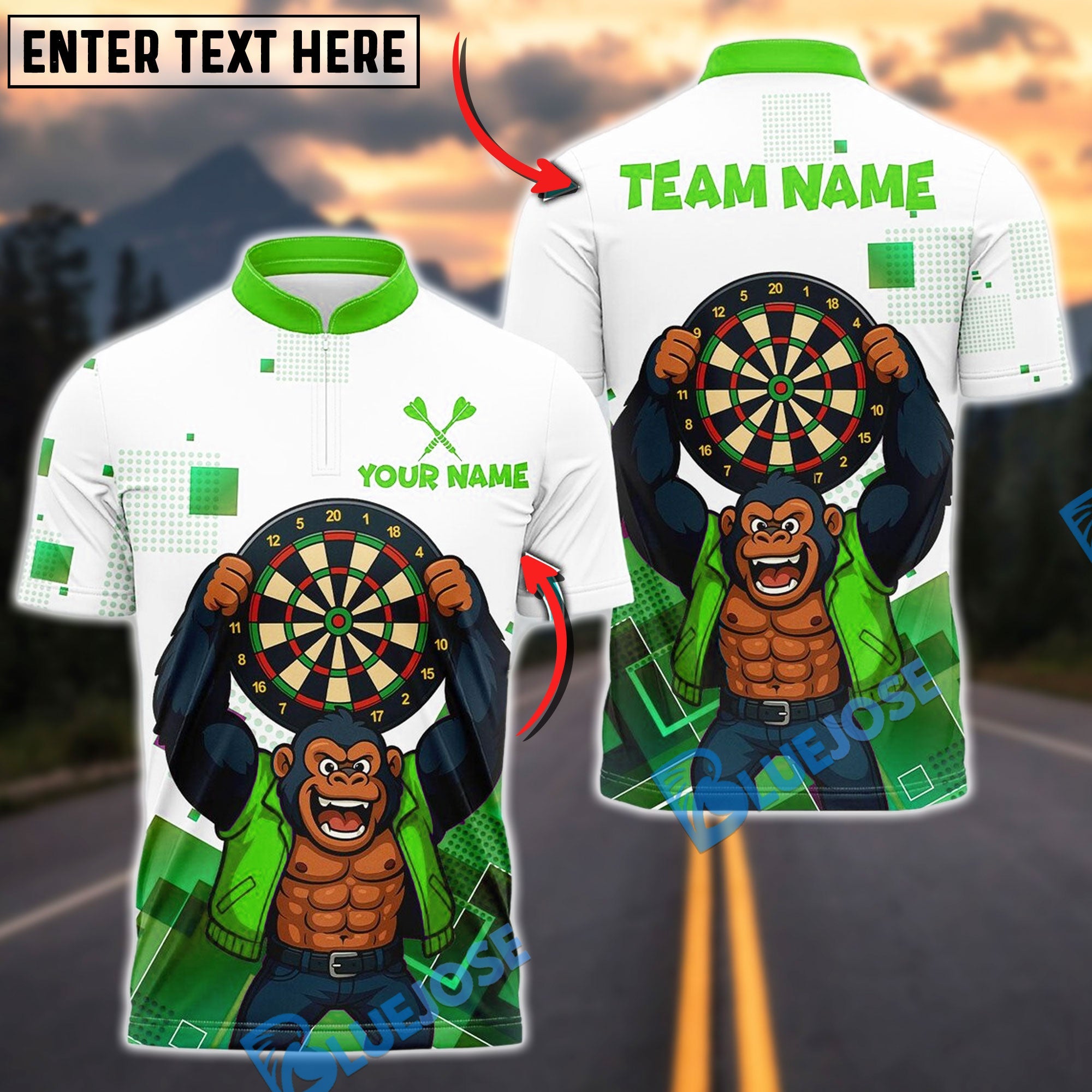 BlueJose Darts Gorilla King Rebel Attitude Customized Name, Team Name 3D Shirt (4 Colors)