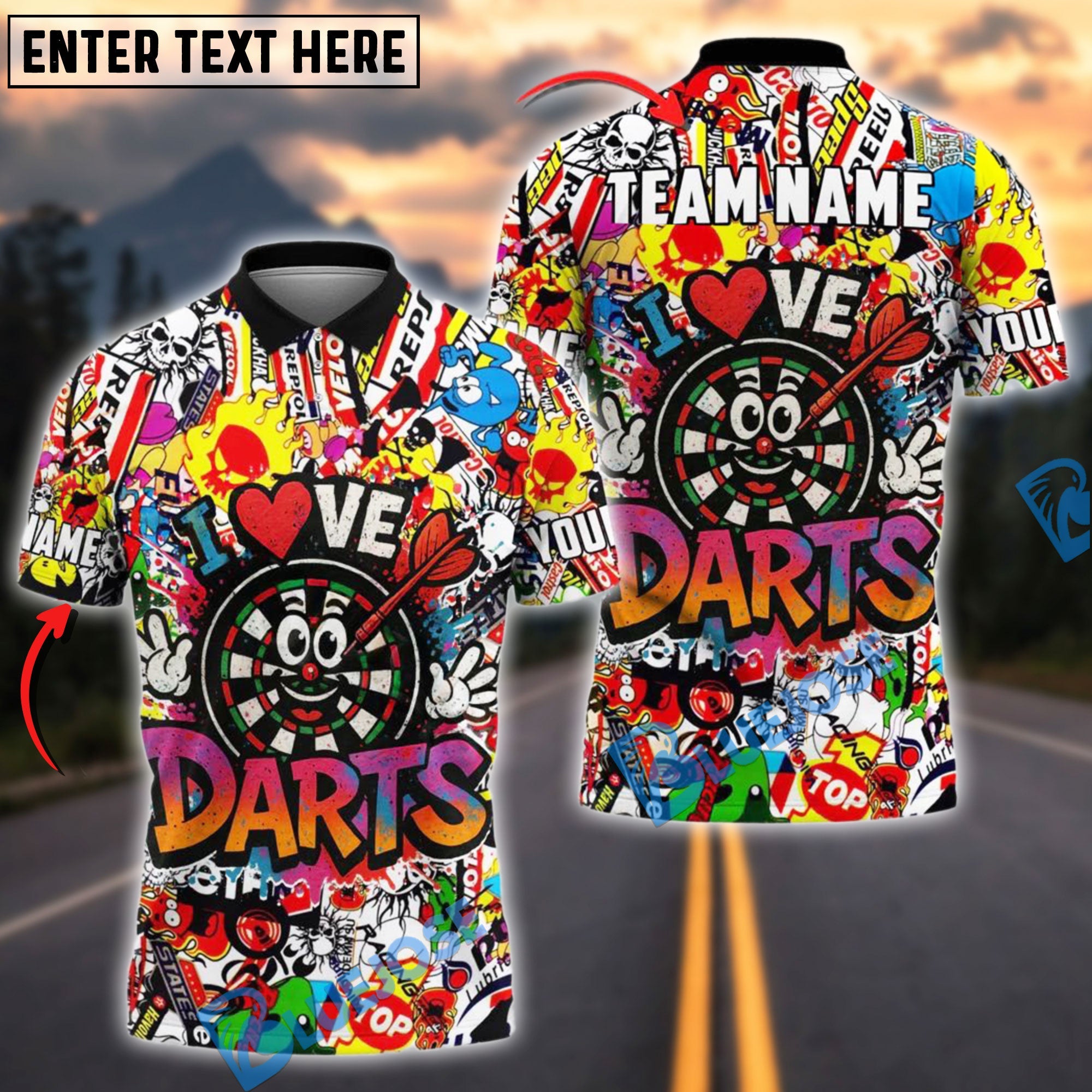 BlueJose Darts Love Darts Graffiti Personalized Name, Team Name Shirt