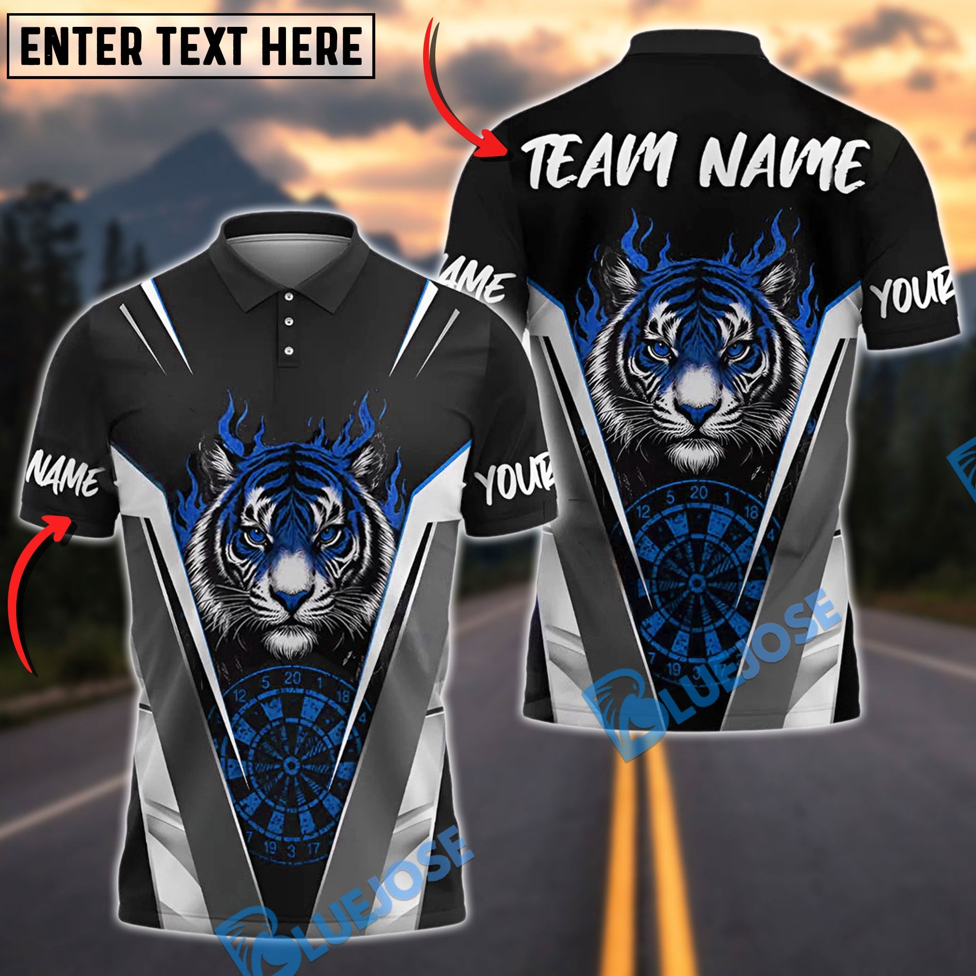 BlueJose Darts Flaming Tiger Personalized Name, Team Name Shirt (4 Colors)