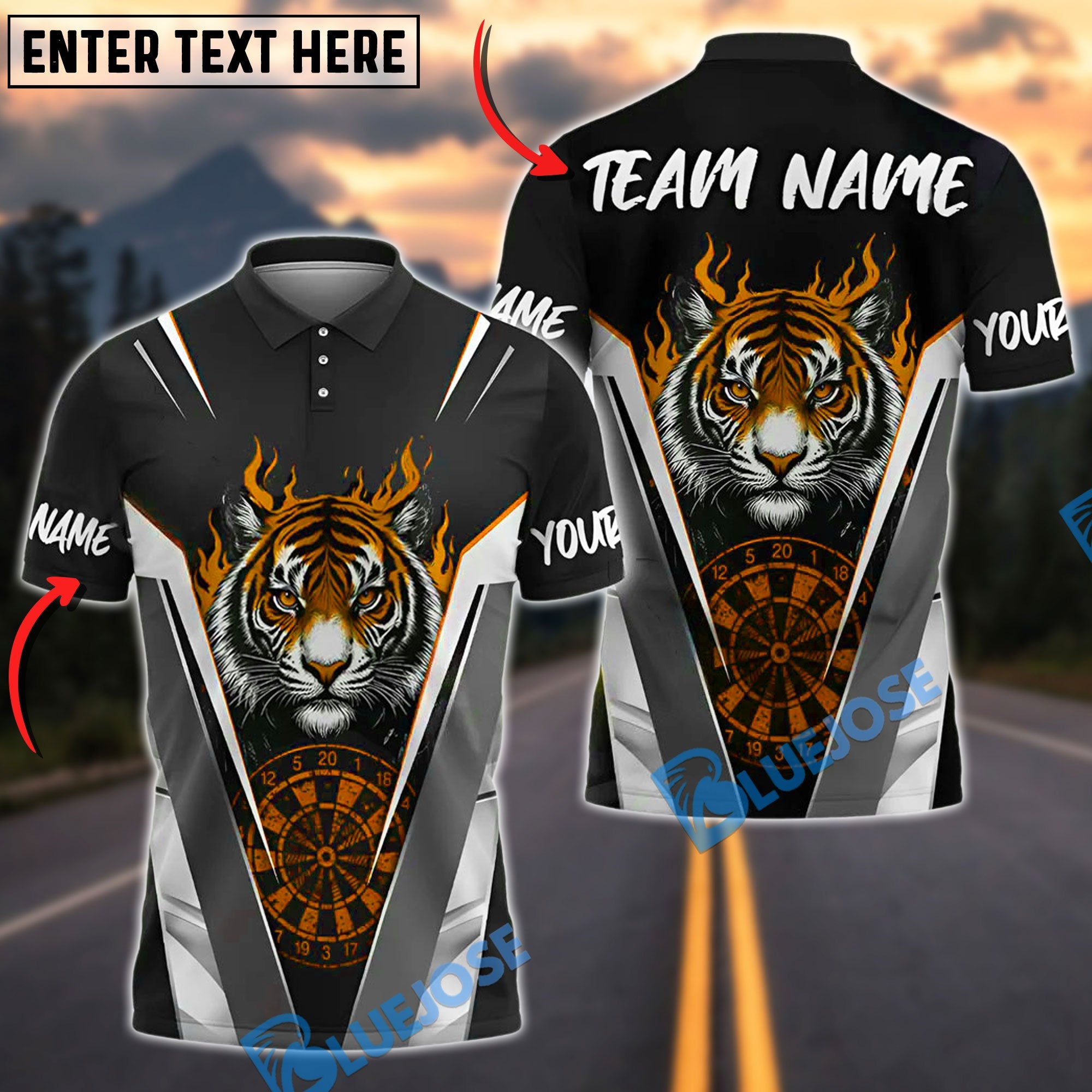 BlueJose Darts Flaming Tiger Personalized Name, Team Name Shirt (4 Colors)