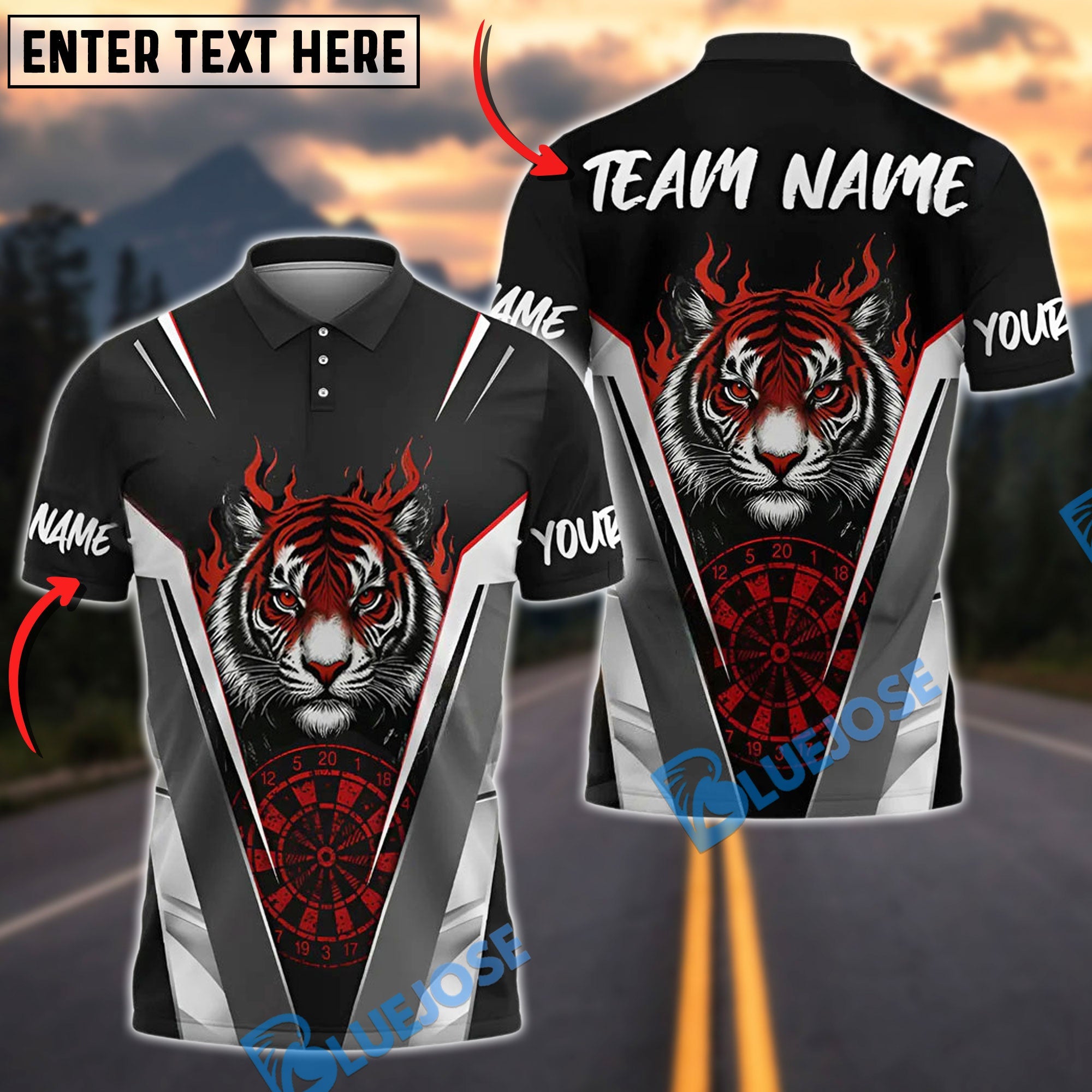 BlueJose Darts Flaming Tiger Personalized Name, Team Name Shirt (4 Colors)