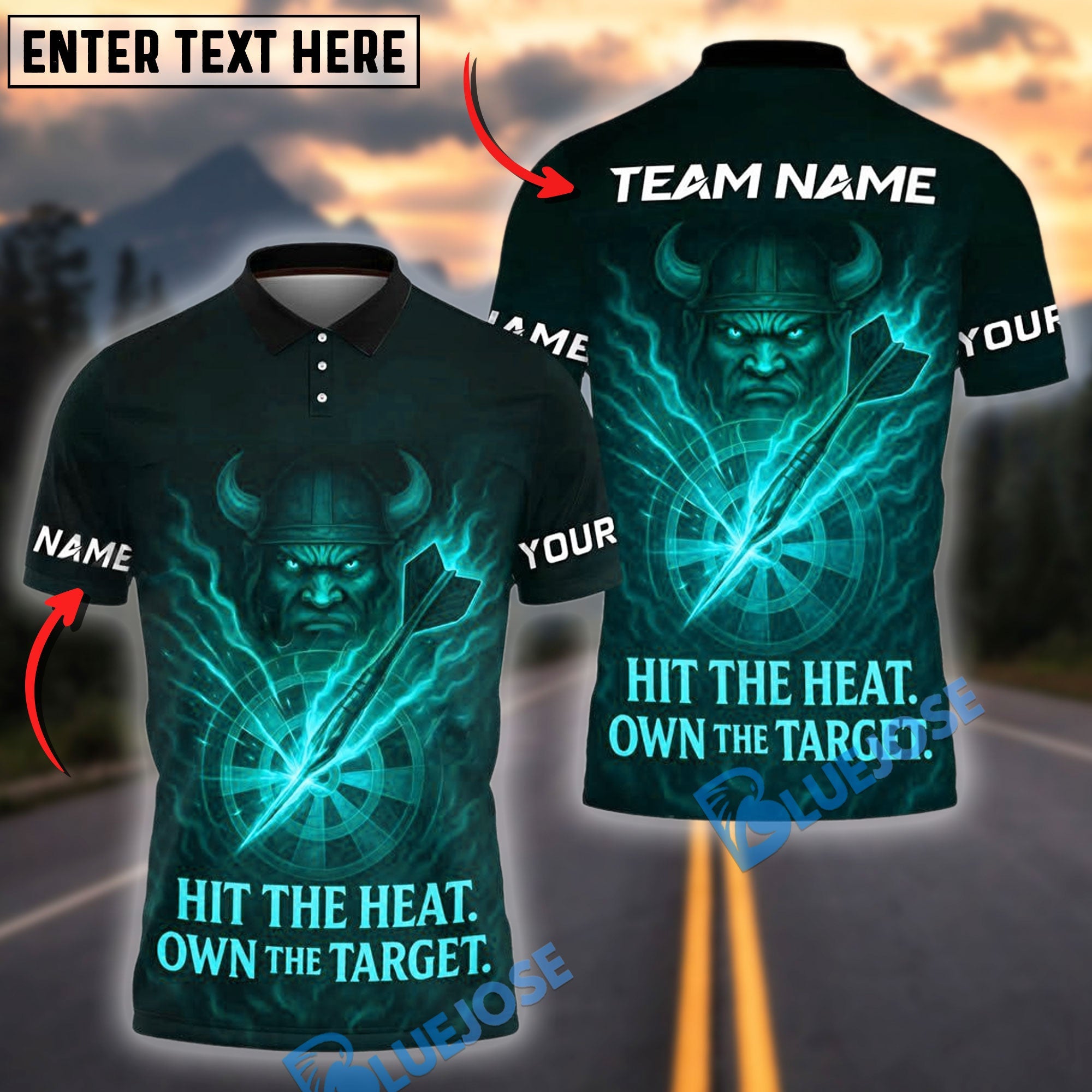 BlueJose Darts Viking Hit The Heat Personalized Name, Team Name Shirt (4 Colors)