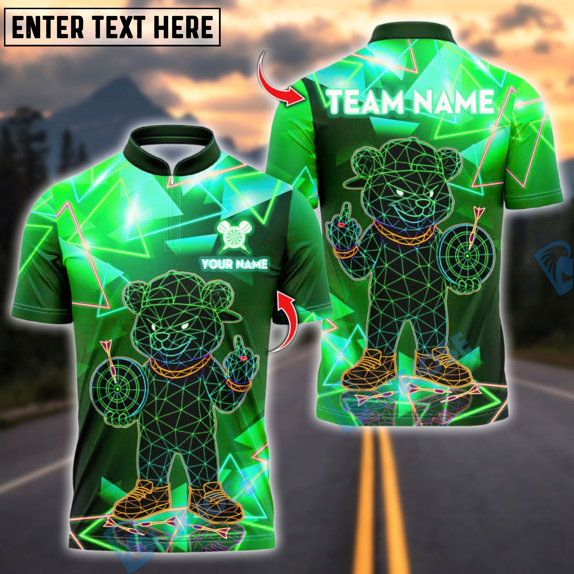 BlueJose Darts Hiphop Bear Neon Style Customized Name, Team Name 3D Shirt (4 Colors)