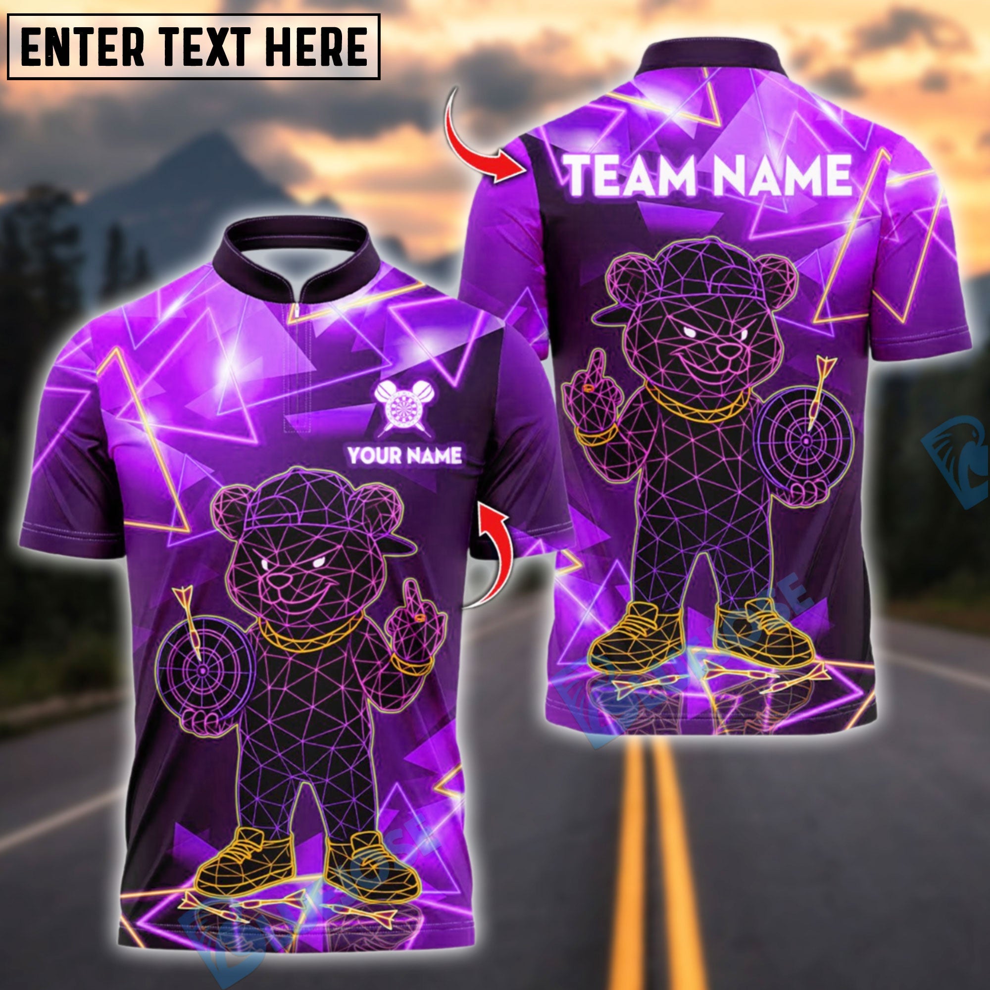 BlueJose Darts Hiphop Bear Neon Style Customized Name, Team Name 3D Shirt (4 Colors)
