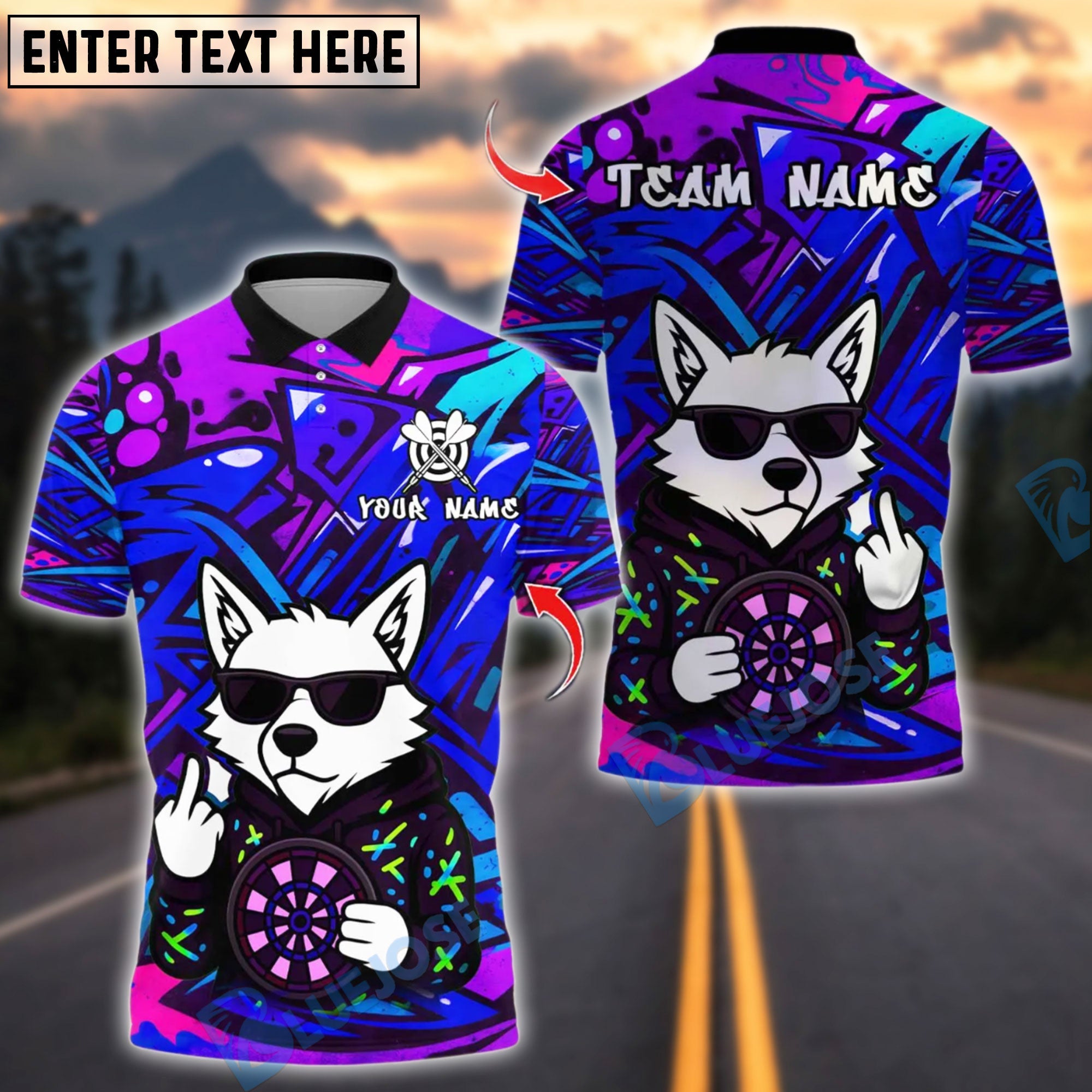 BlueJose Darts Graffiti Wolf Customized Name, Team Name 3D Shirt (4 Colors)