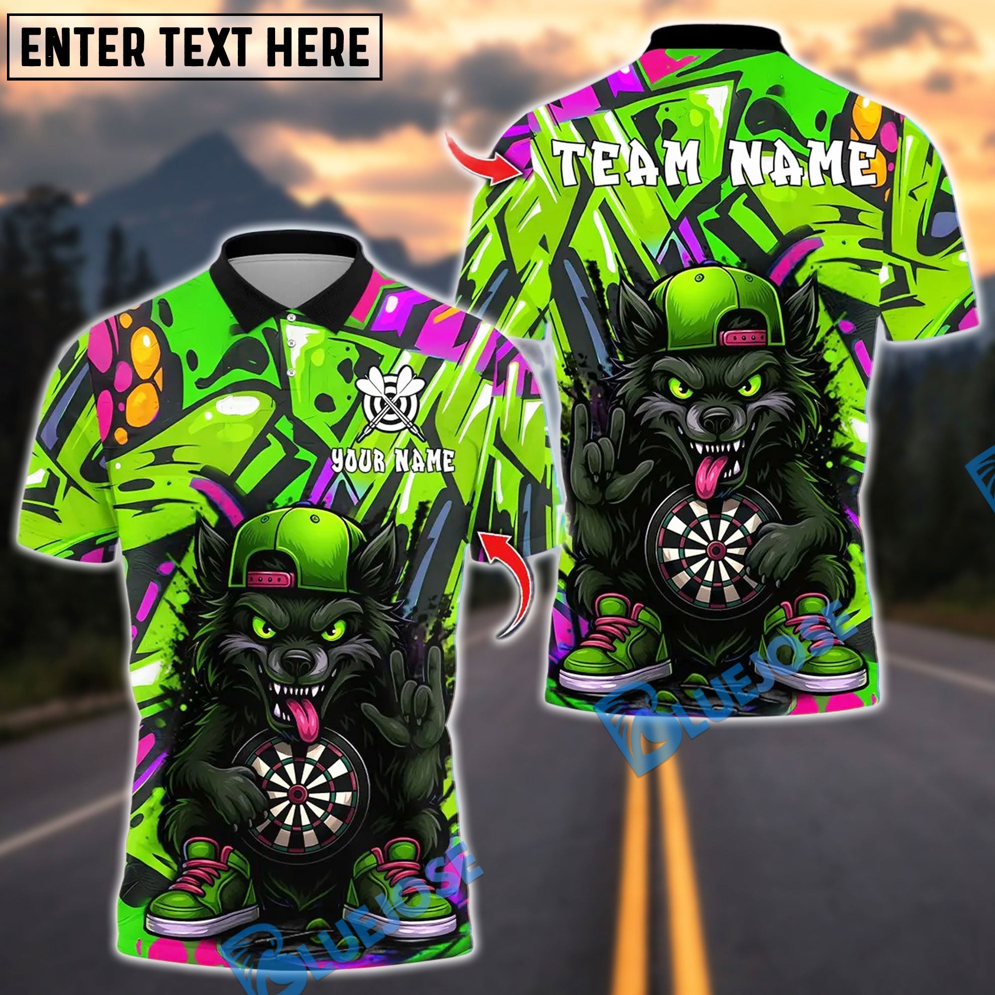 BlueJose Darts Cartoon Wolf Graffiti Street Style Customized Name, Team Name 3D Shirt (4 Colors)