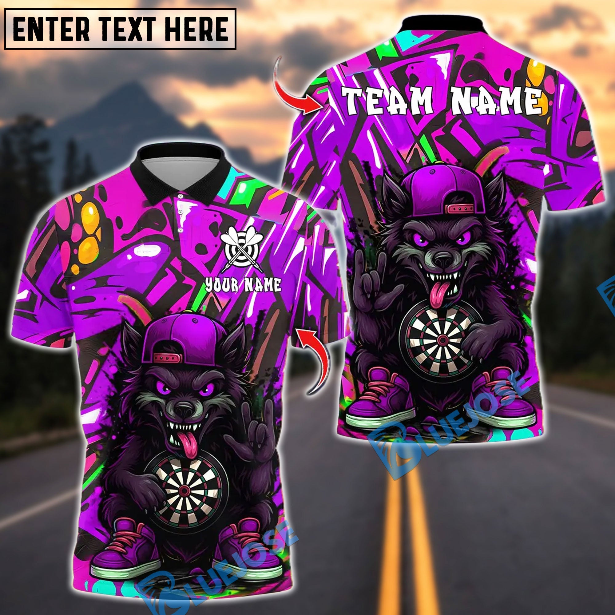 BlueJose Darts Cartoon Wolf Graffiti Street Style Customized Name, Team Name 3D Shirt (4 Colors)