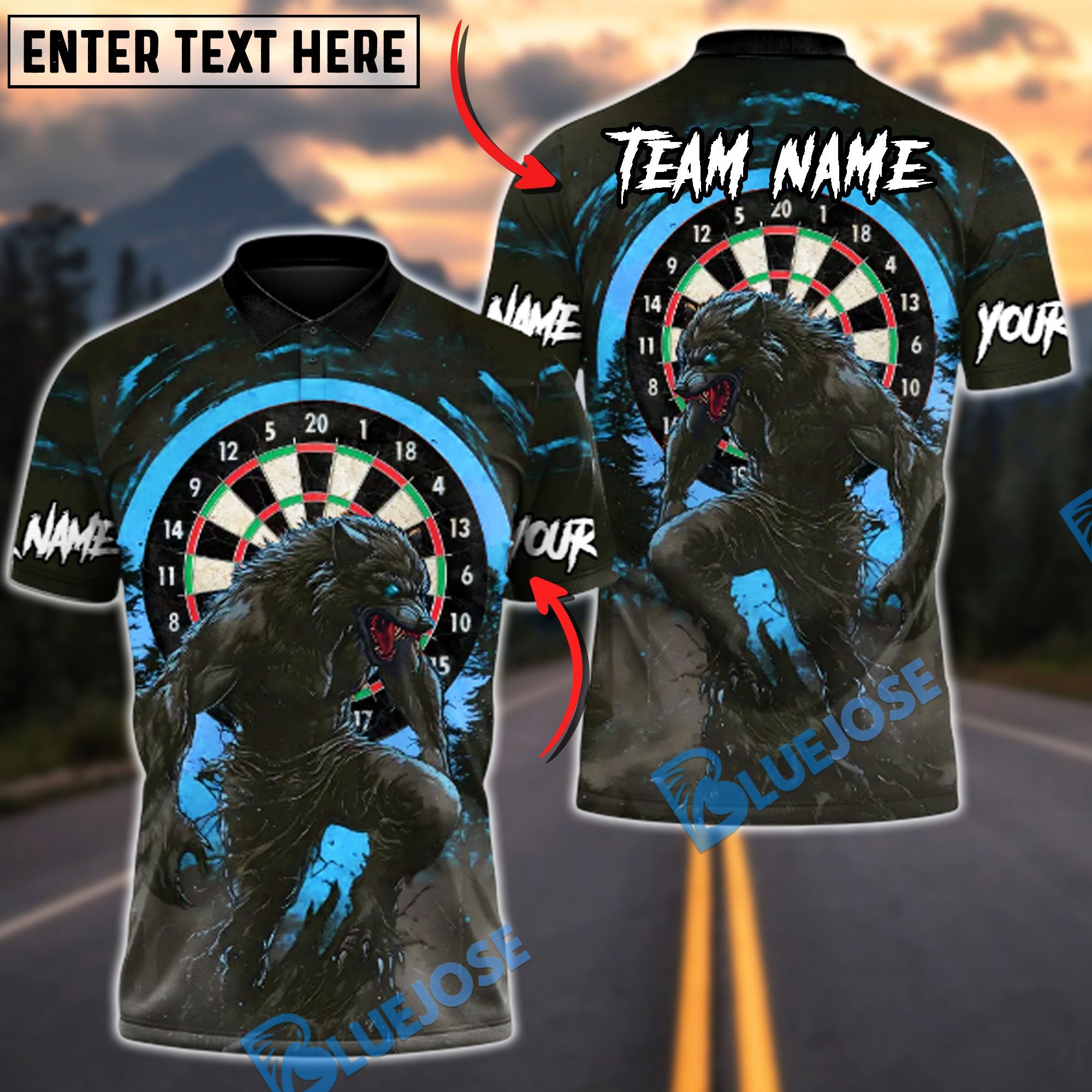 BlueJose Darts Blood Moon Werewolf Personalized Name, Team Name Unisex Shirt (4 Colors)
