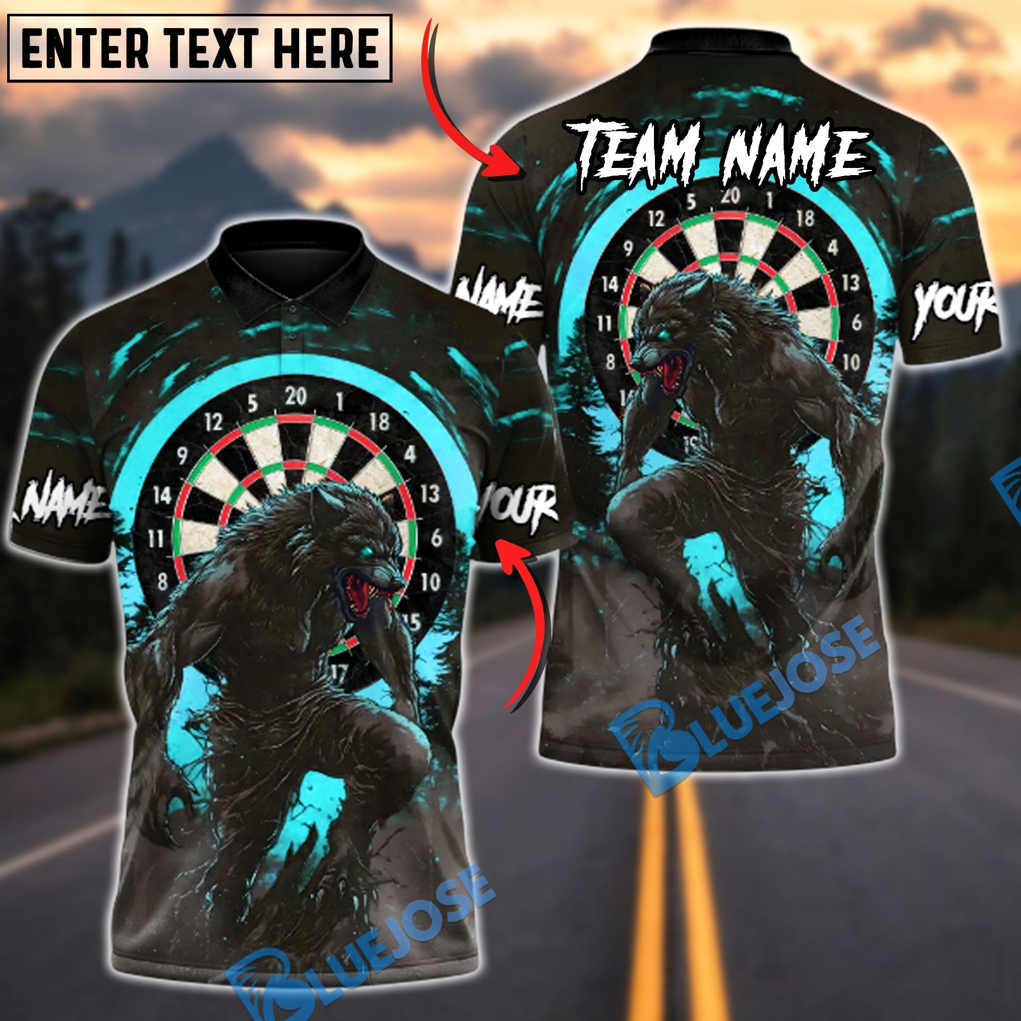 BlueJose Darts Blood Moon Werewolf Personalized Name, Team Name Unisex Shirt (4 Colors)