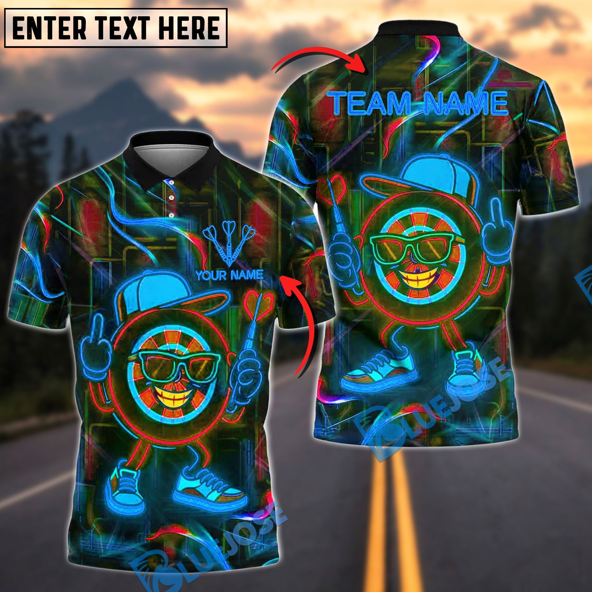 BlueJose Darts Neon Dartboard Swag Personalized Name, Team Name Shirt (4 Colors)