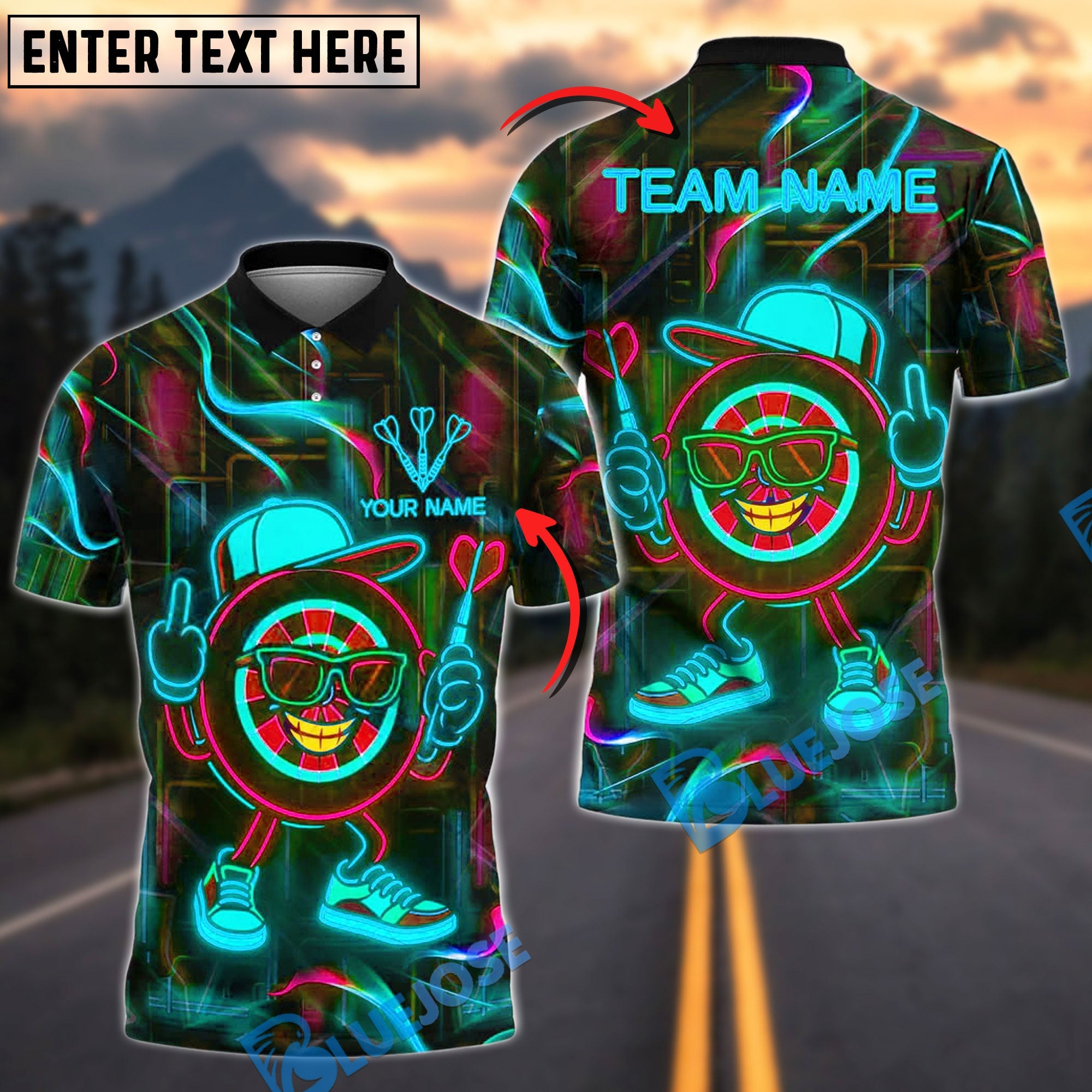 BlueJose Darts Neon Dartboard Swag Personalized Name, Team Name Shirt (4 Colors)
