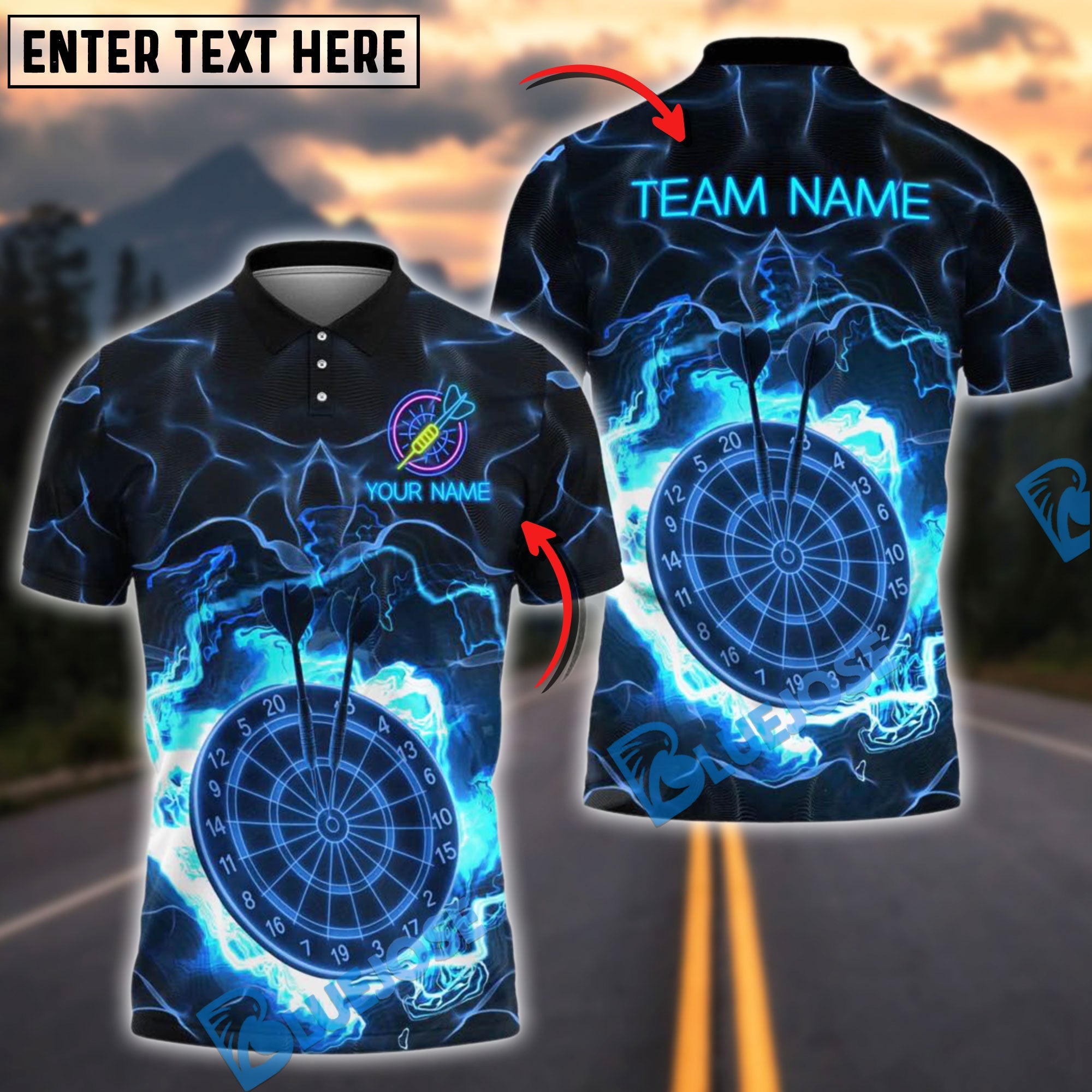 BlueJose Darts Electric Neon Dartboard Style Personalized Name, Team Name Shirt (4 Colors)