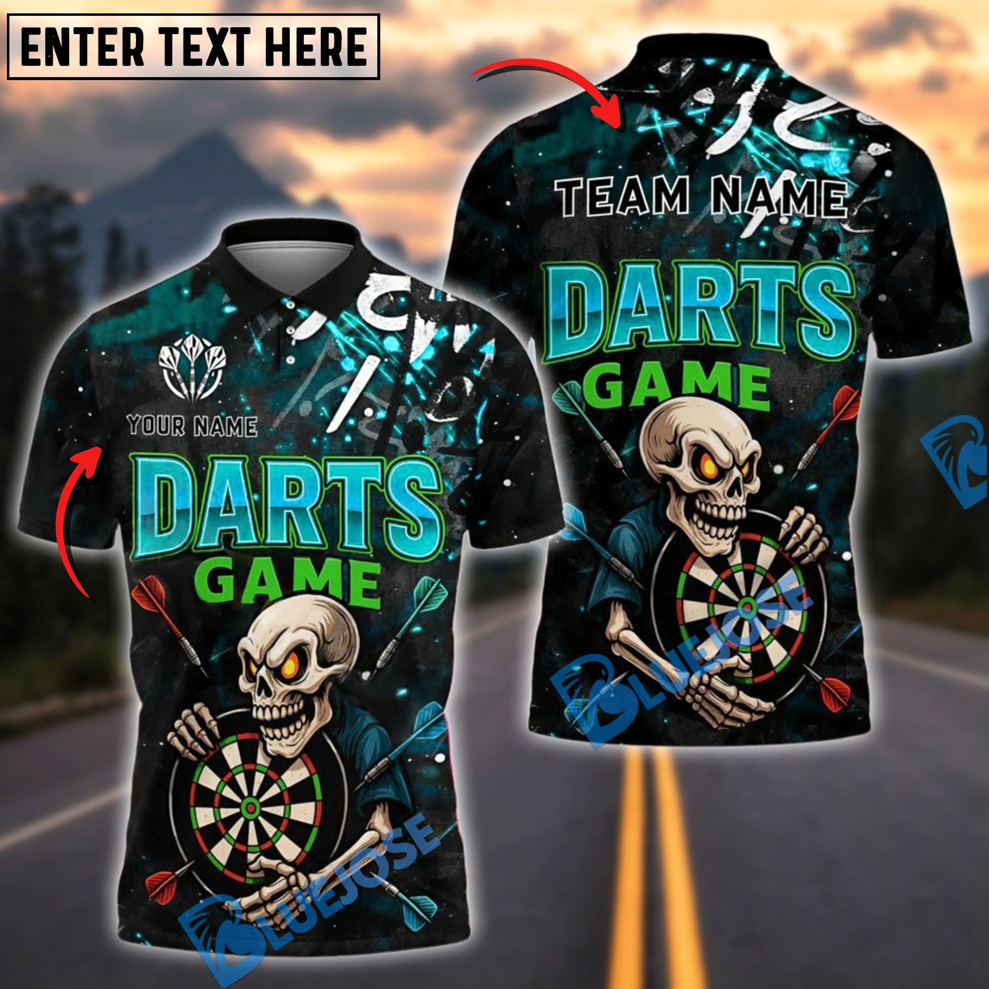 BlueJose Skeleton Darts Game Personalized Name, Team Name Shirt (4 Colors)