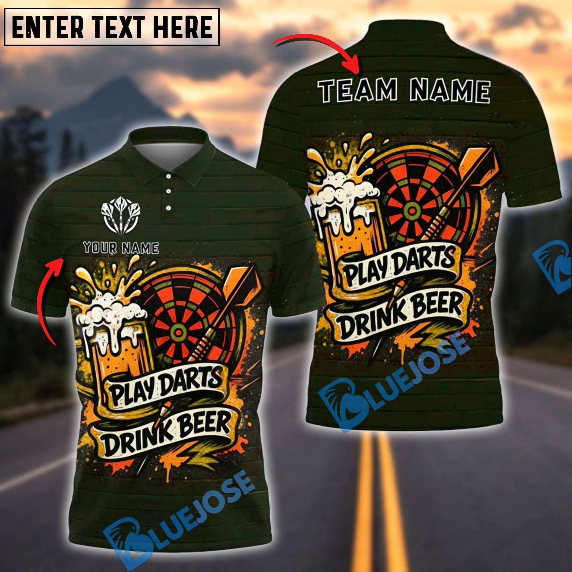 BlueJose Darts and Beer Splash Personalized Name, Team Name Shirt (4 Colors)