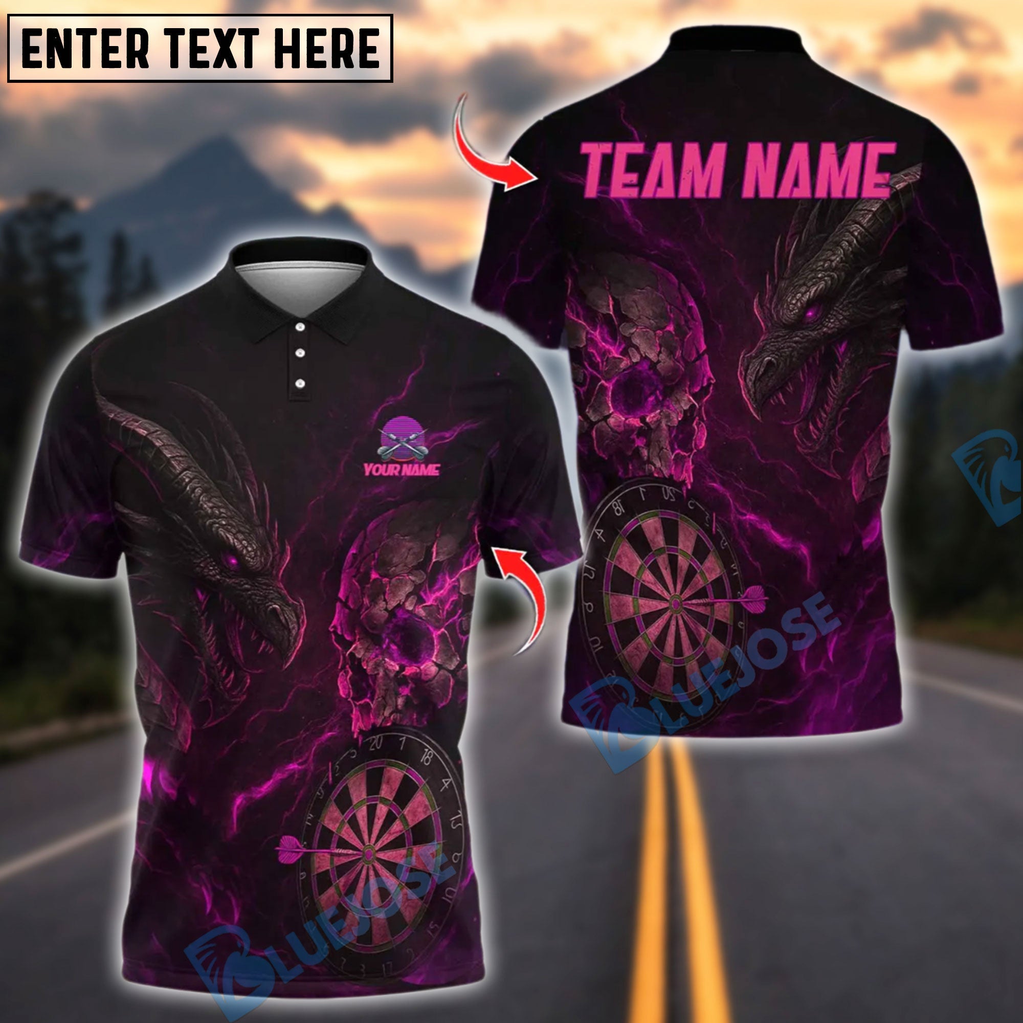 BlueJose Darts Dark Vibes Mystery Skull Dragon Customized Name, Team Name 3D Shirt (4 Colors)