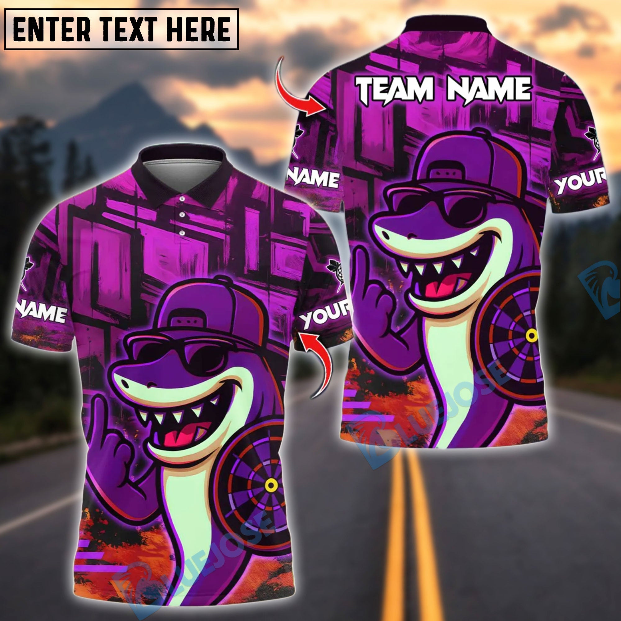 BlueJose Darts Shark Graffiti Style Customized Name, Team Name 3D Shirt (4 Colors)