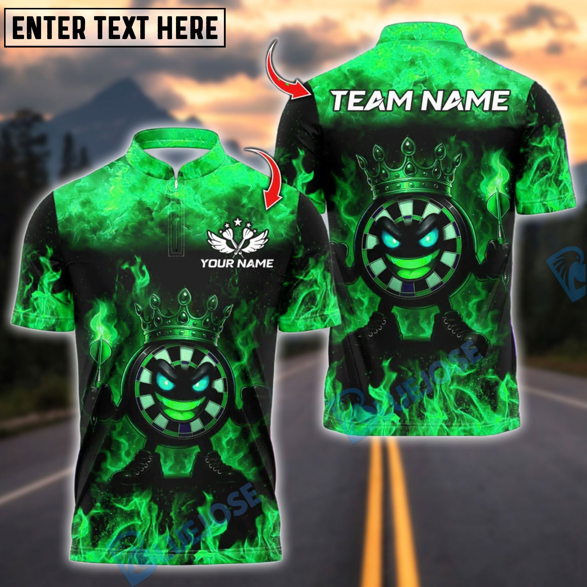 BlueJose Darts  Funny Dartboard King Flame Crown Design Customized Name, Team Name 3D Shirt (4 Colors)