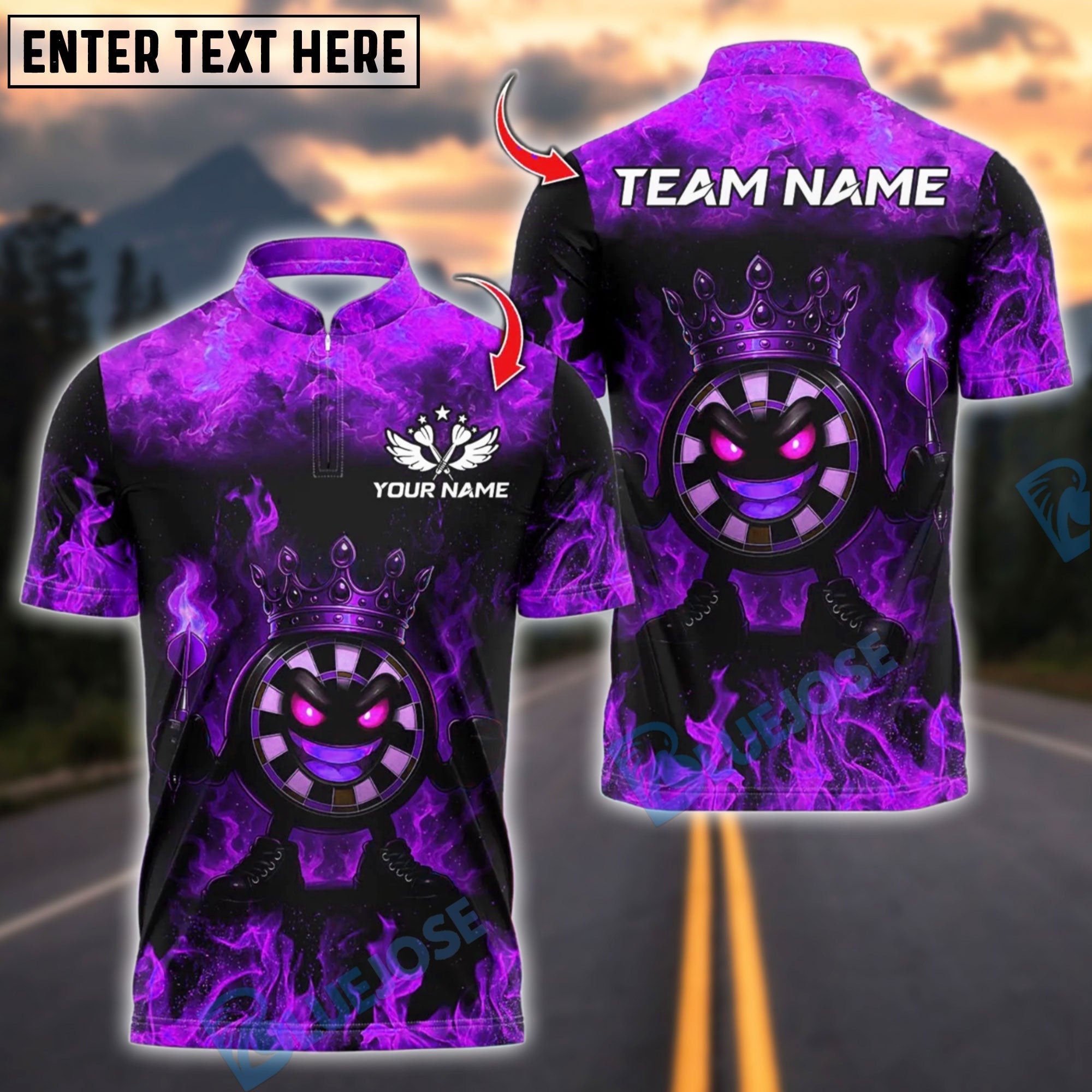 BlueJose Darts  Funny Dartboard King Flame Crown Design Customized Name, Team Name 3D Shirt (4 Colors)