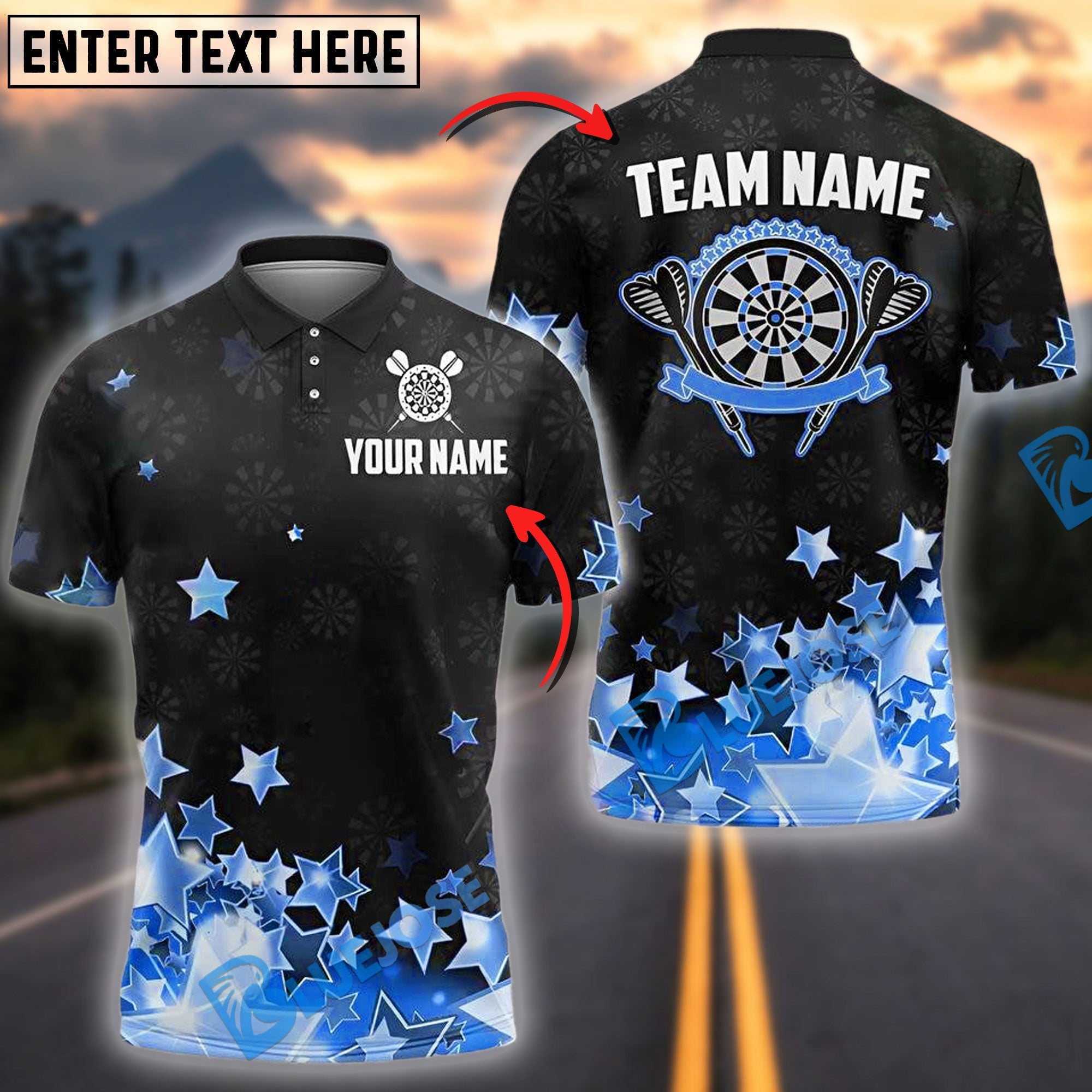 BlueJose Darts Star Glam Dartboard Personalized Name, Team Name Shirt (4 Colors)