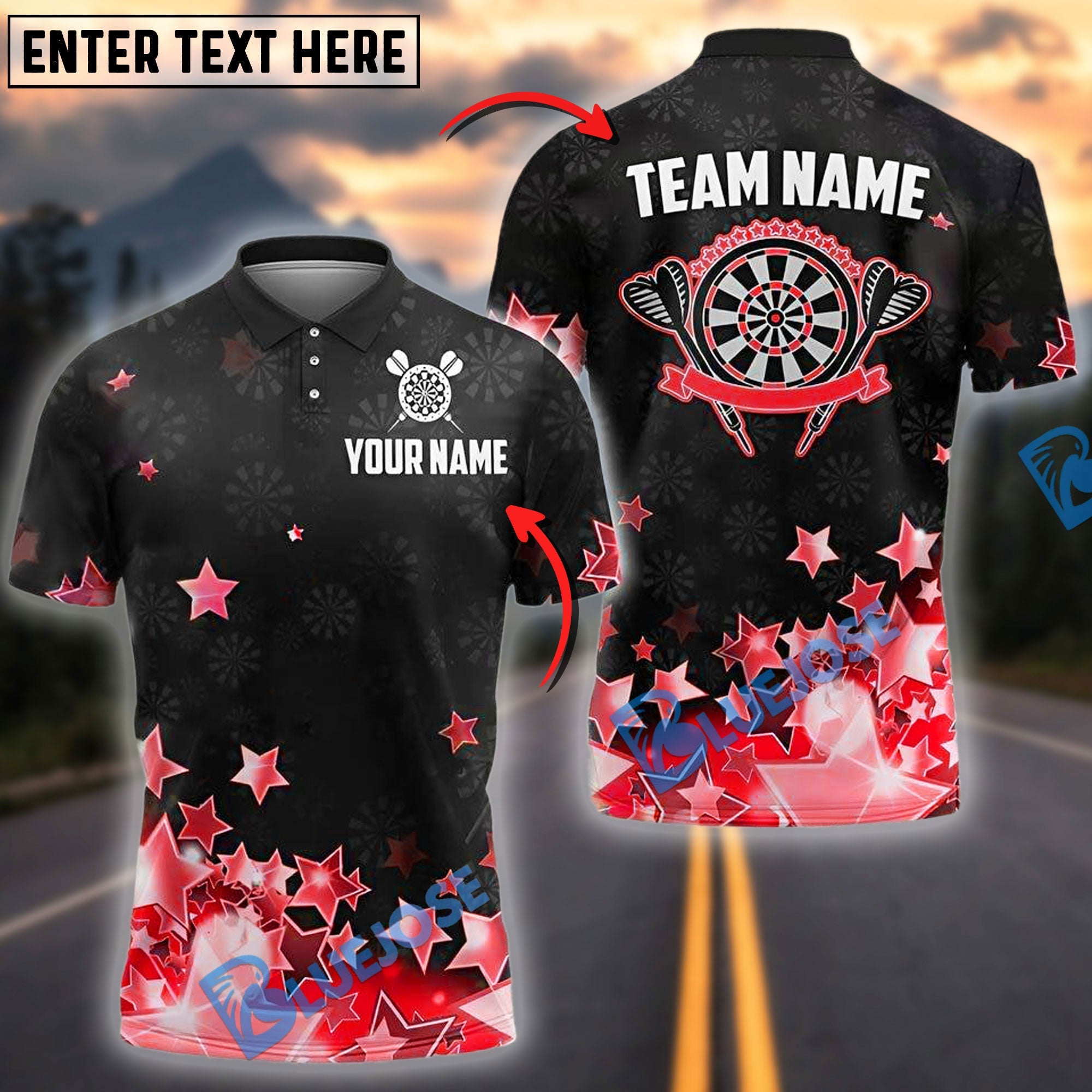 BlueJose Darts Star Glam Dartboard Personalized Name, Team Name Shirt (4 Colors)