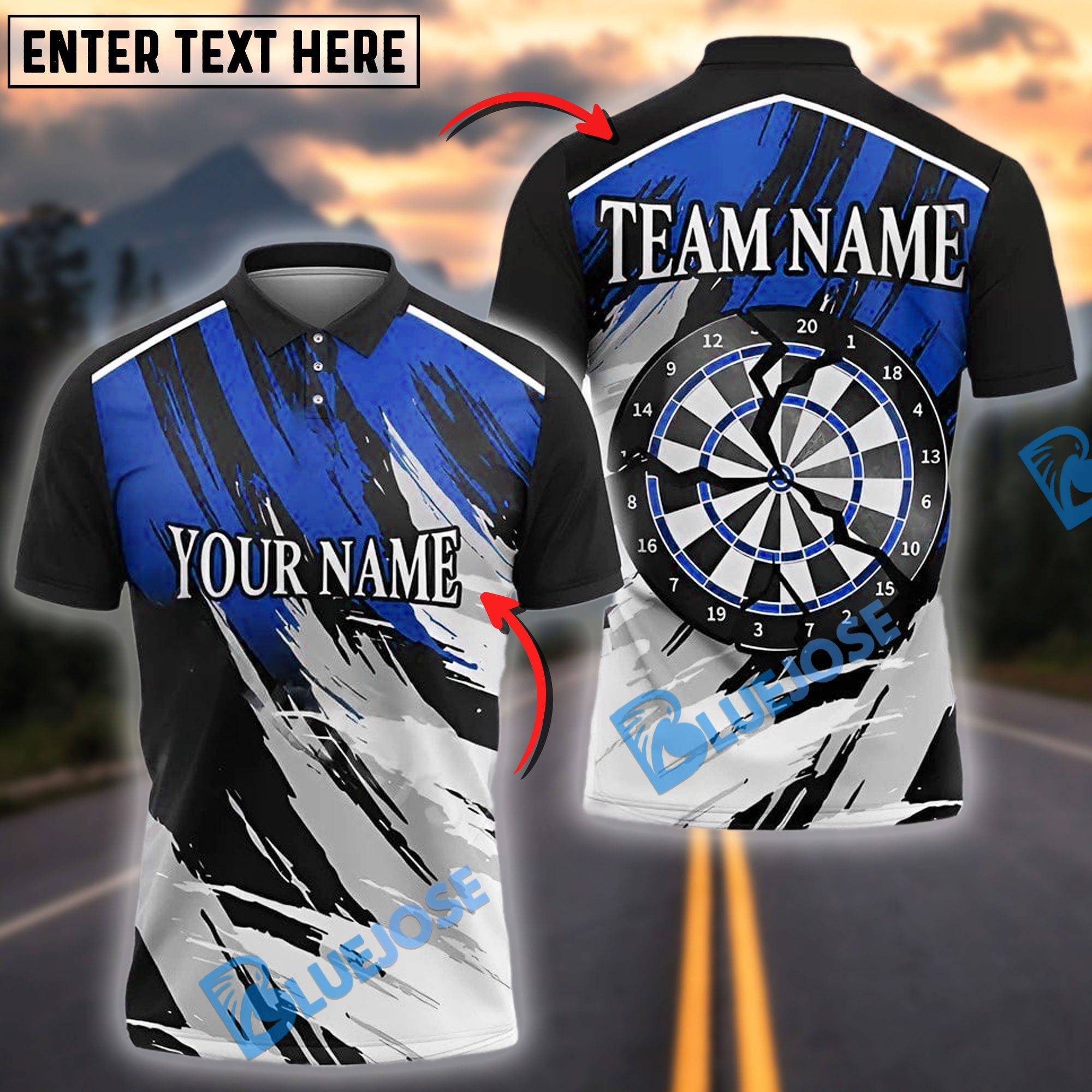 BlueJose Darts Grunge Target Strike Brush Style Personalized Name, Team Name Shirt (4 Colors)