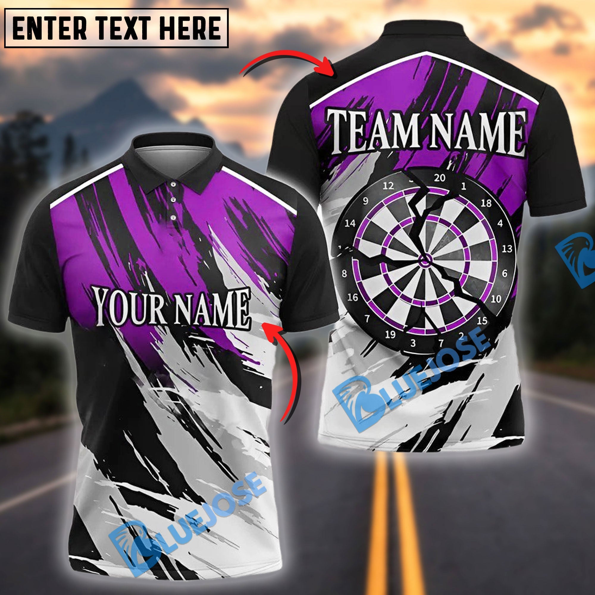 BlueJose Darts Grunge Target Strike Brush Style Personalized Name, Team Name Shirt (4 Colors)