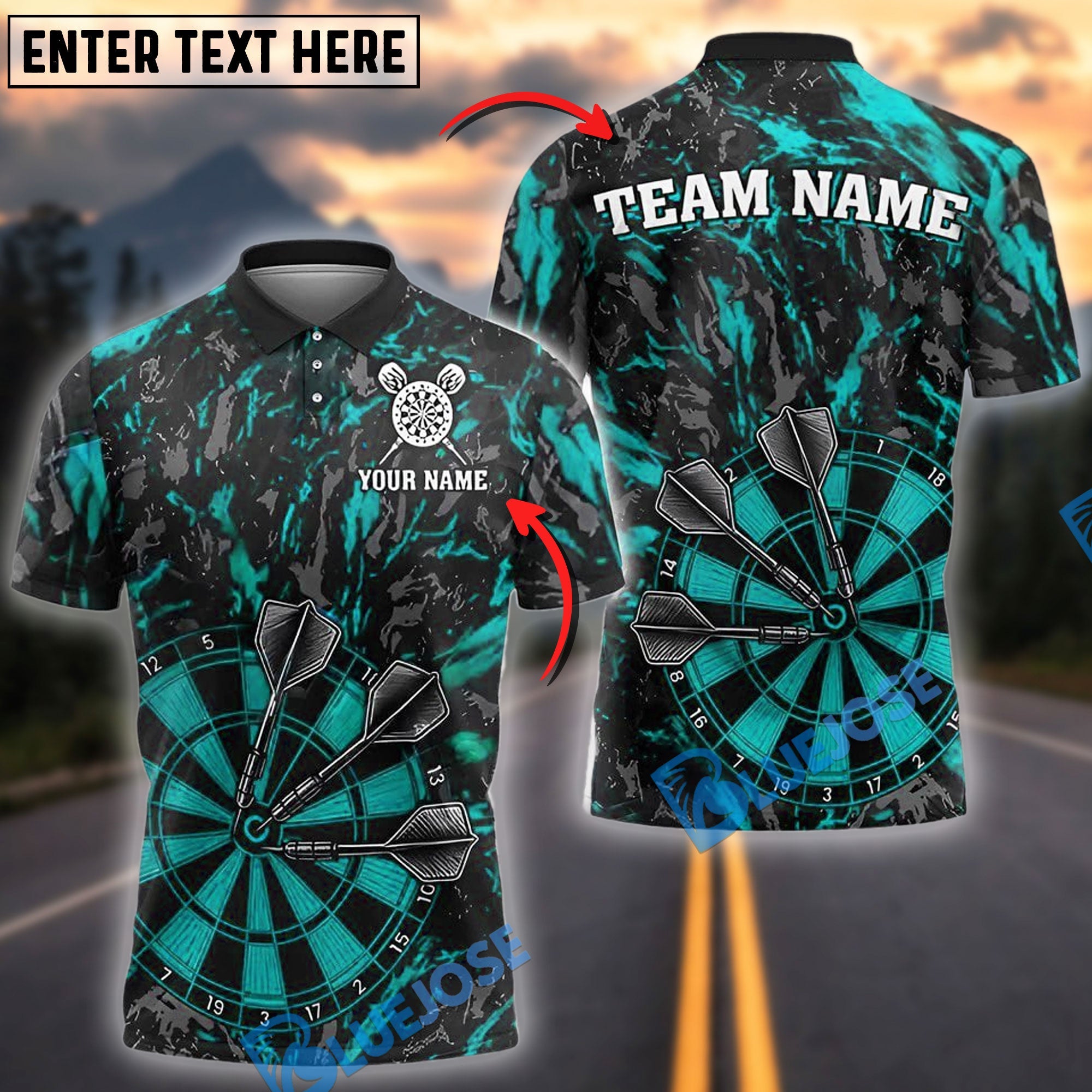 BlueJose Darts Black Marble Target Bullseye Personalized Name, Team Name Shirt (4 Colors)