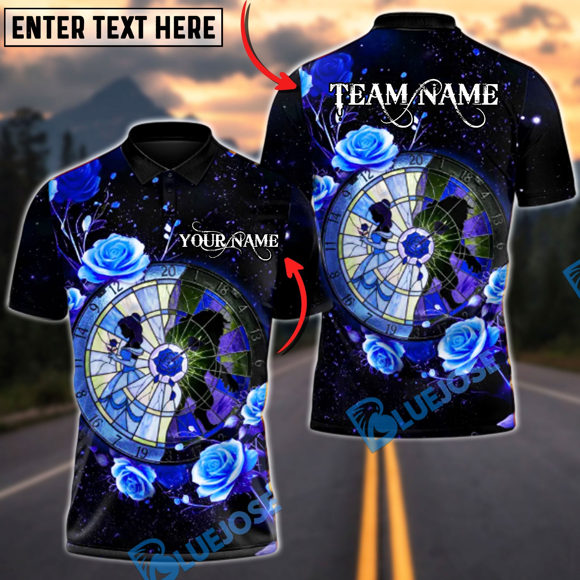 BlueJose Darts Midnight Bloom Multicolor Options Personalized Name Shirt (4 Colors)