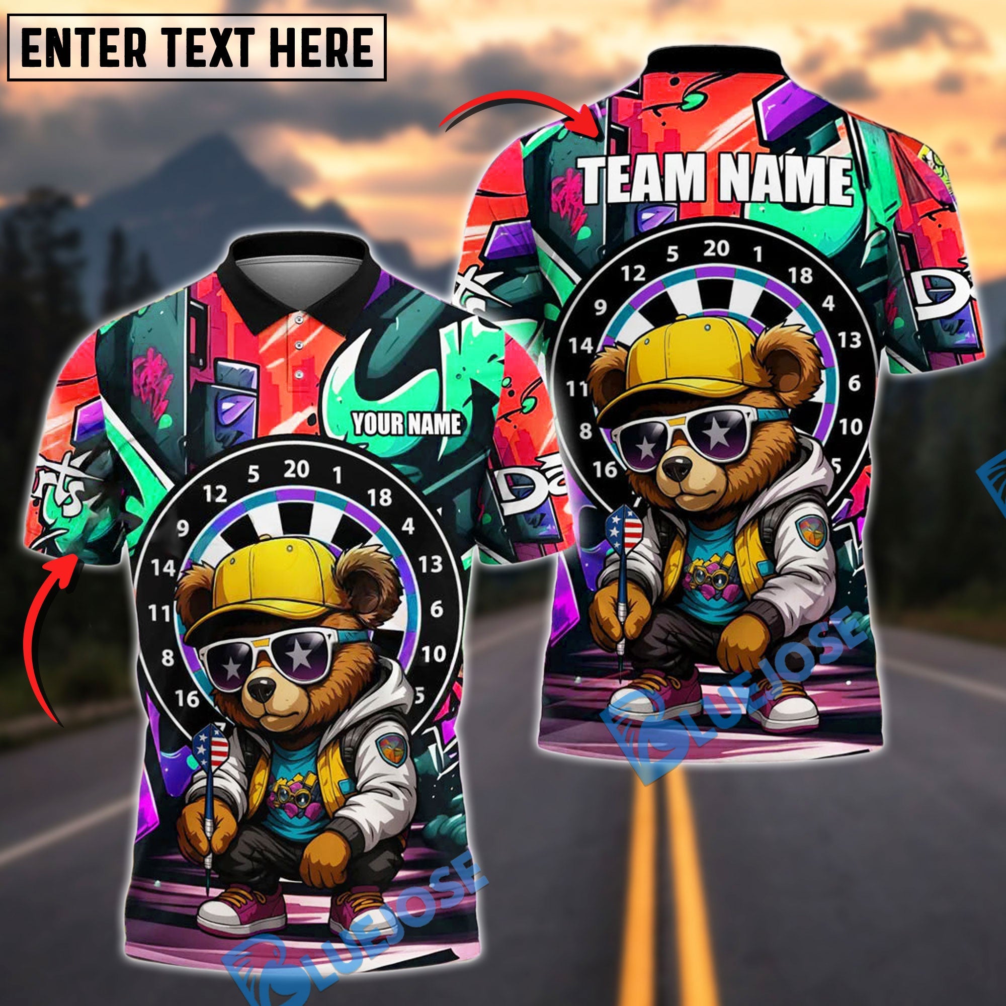 BlueJose Darts Bear Cool Urban Personalized Name, Team Name Shirt (4 Colors)