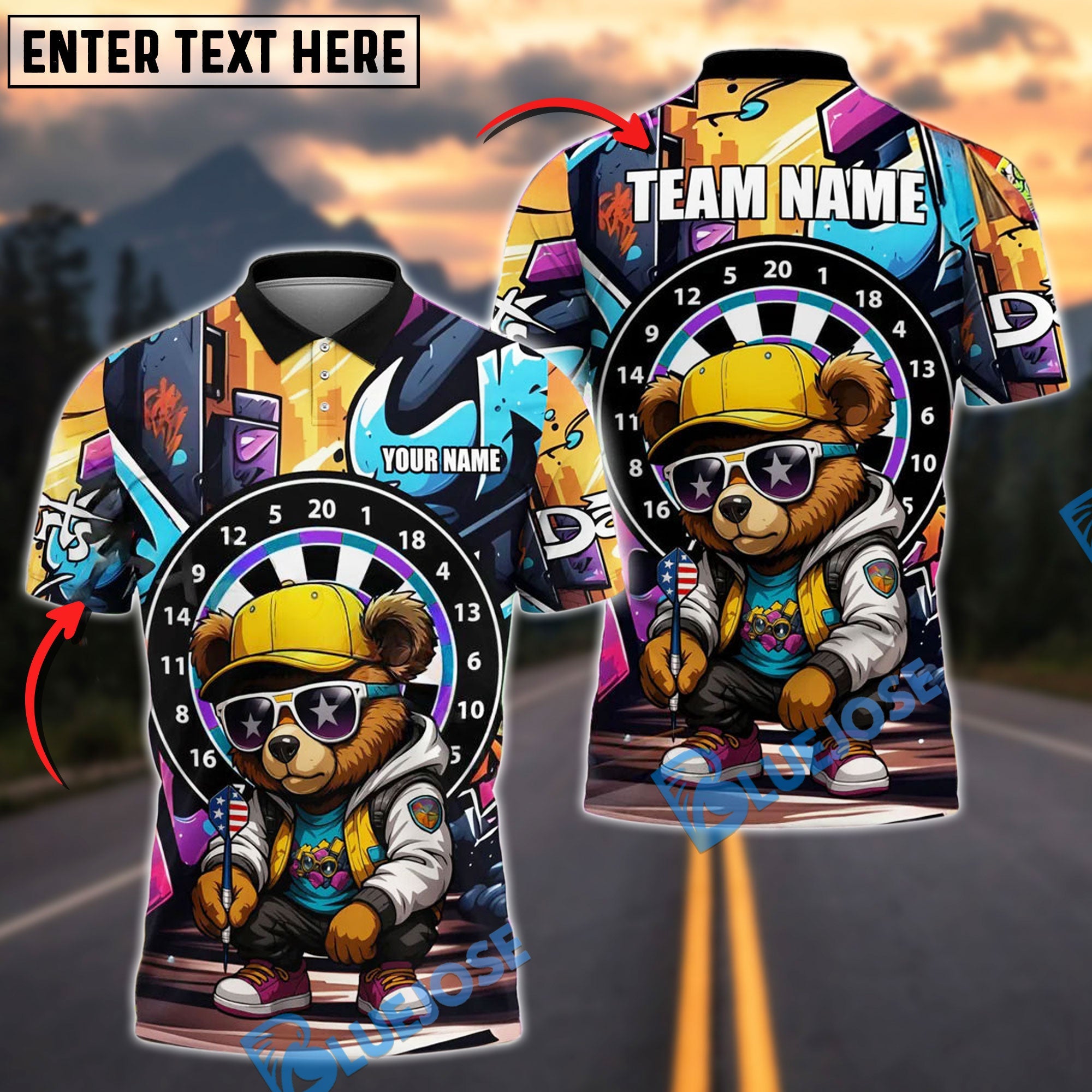BlueJose Darts Bear Cool Urban Personalized Name, Team Name Shirt (4 Colors)