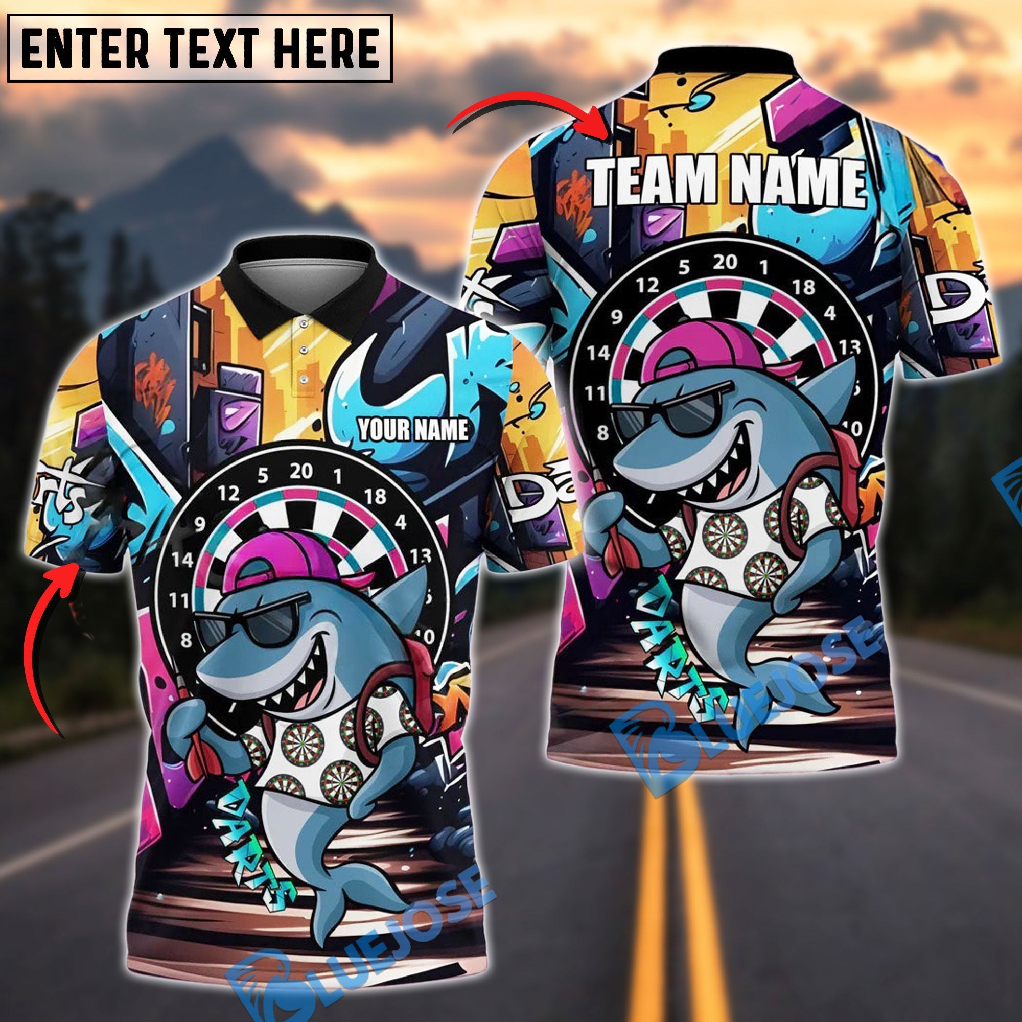 BlueJose Darts Shark Street Style Personalized Name, Team Name Shirt (4 Colors)