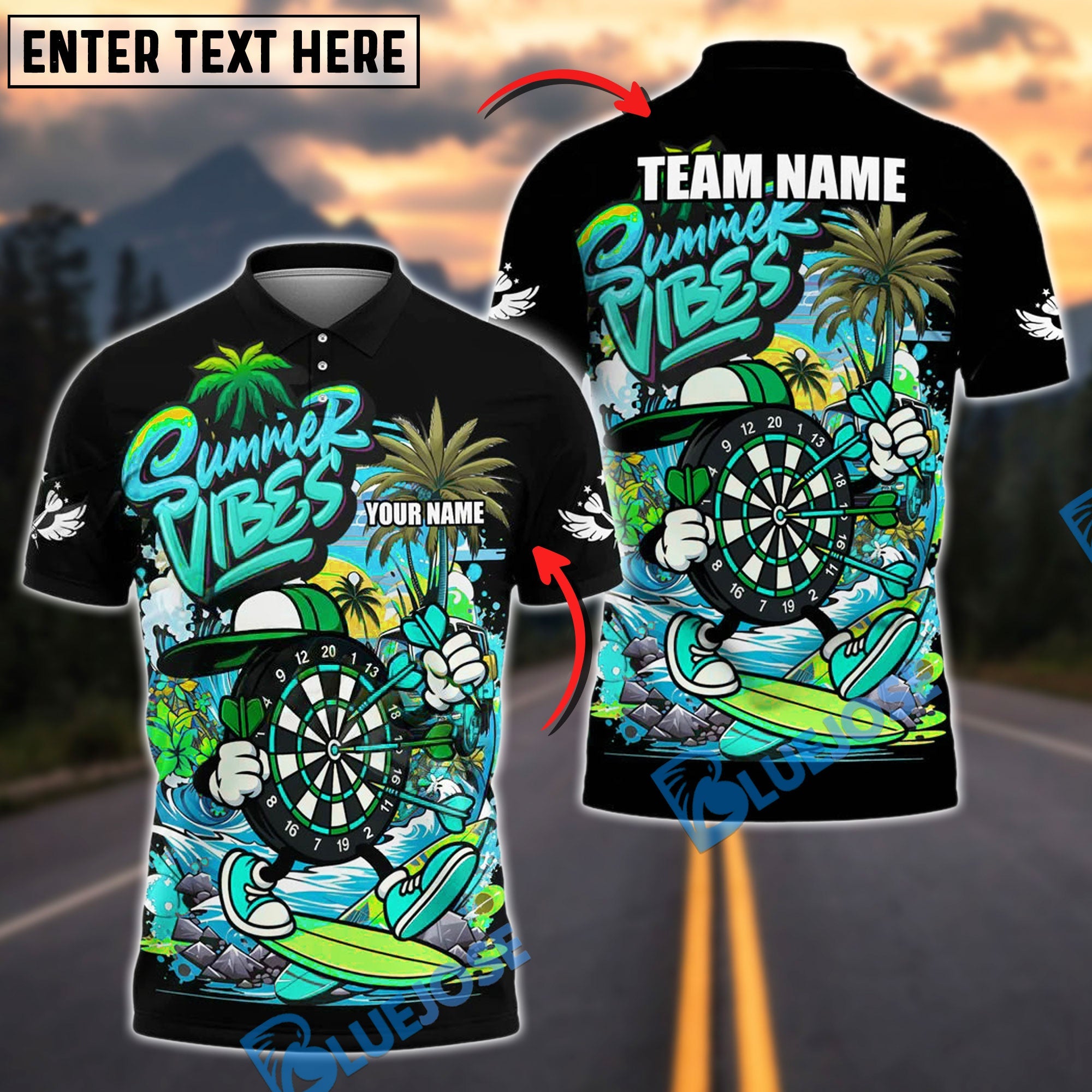 BlueJose Darts Summer Vibes Surf Style Personalized Name, Team Name Shirt (4 Colors)