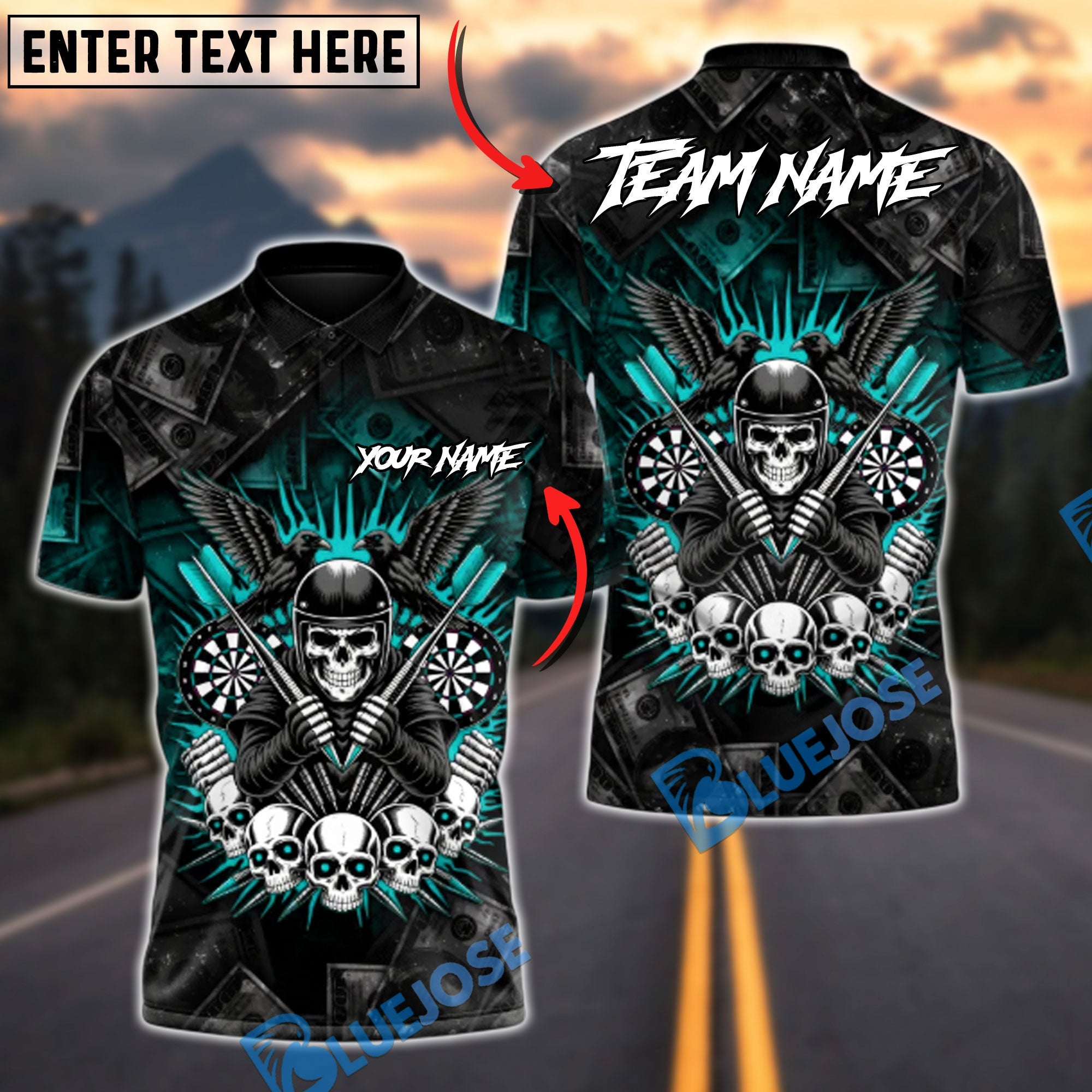 BlueJose Darts Skull Rider Personalized Name, Team Name Unisex Shirt (4 Colors)