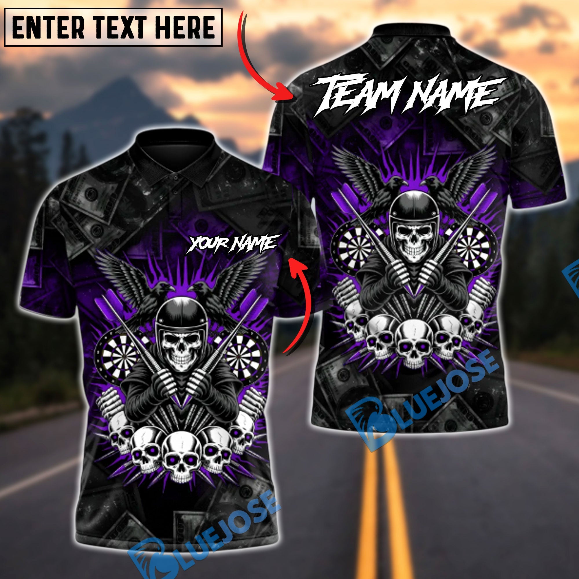 BlueJose Darts Skull Rider Personalized Name, Team Name Unisex Shirt (4 Colors)