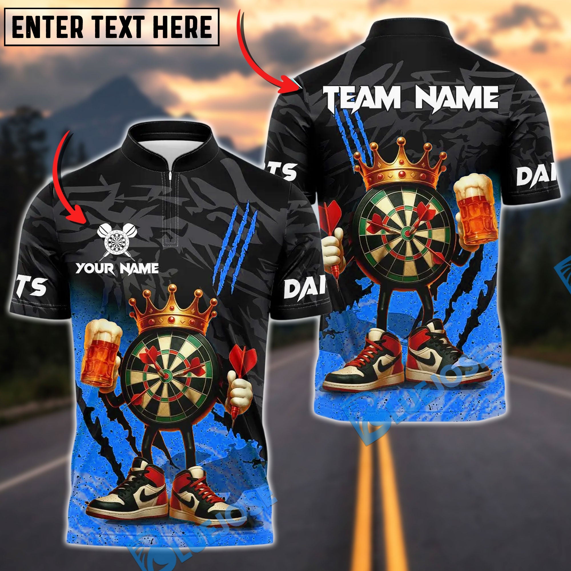 BlueJose Darts King DartBoard With Beer Design Customized Name, Team Name 3D Shirt (4 Colors)
